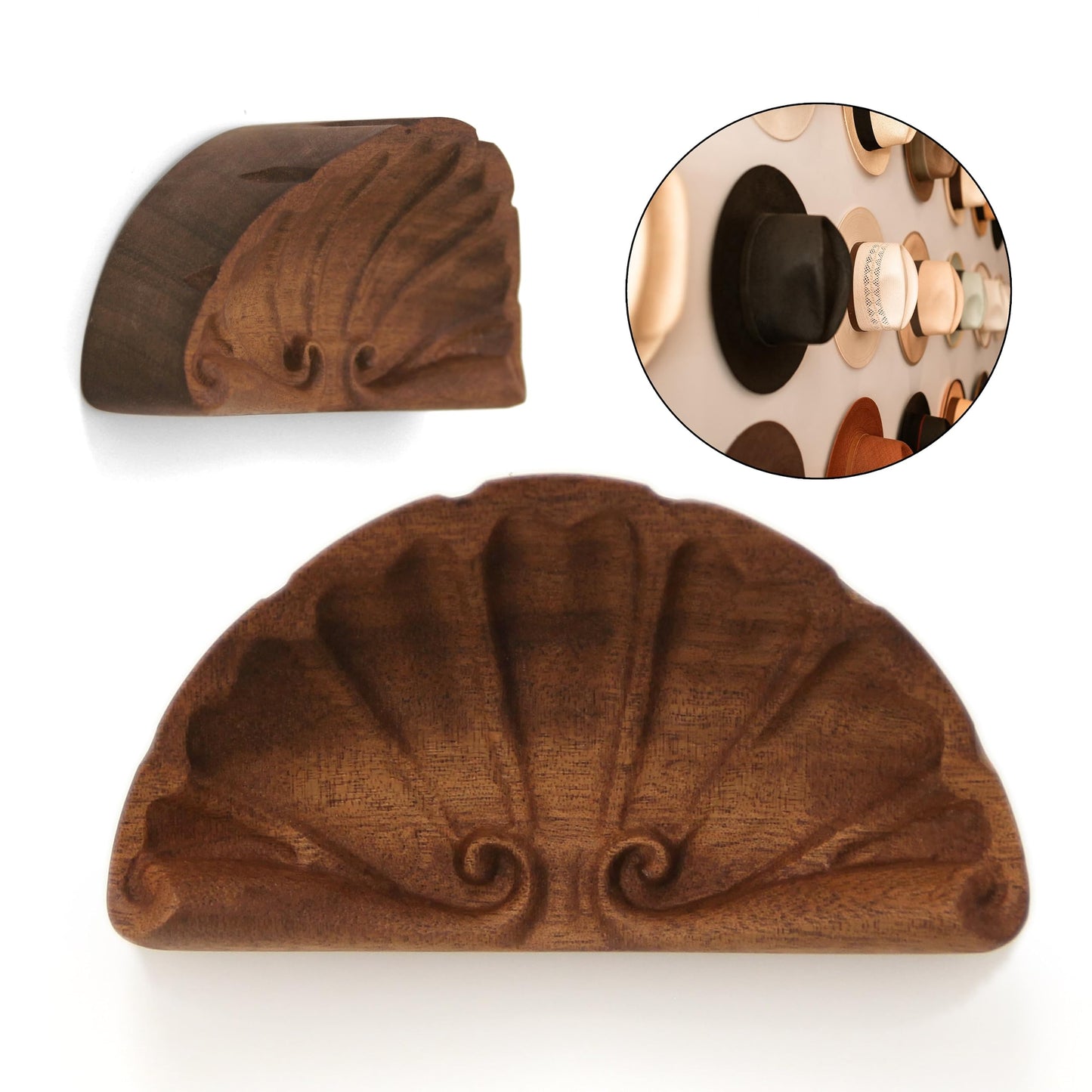 HHMKK Hat Hooks for Baseball Caps, Retro Hat Holder Wooden for Wall Display, Hat Hanger Organizer for Cowboy Hat Beach Hats, Natural Curved Hat Rack for Wall Door Closet - 2 Pack