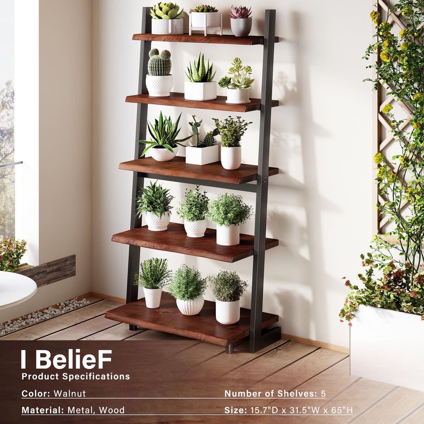 IBF 5-Tier Solid Wood Ladder Bookshelf with Natural Live Edge