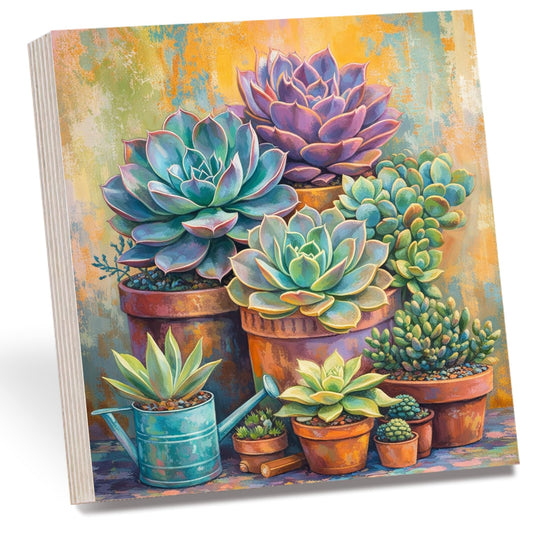 Succulent Wooden Block Sign, Colorful Plant Decor, Farmhouse Botanical Art Block, Rustic Succulent Shelf Sitter, Boho Home Table Mantel Tiered Tray Decor Gift