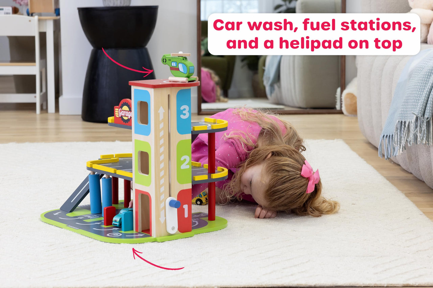 Jasey's Toy Chest Wooden Busy Wheels Garage Playset | 3-Level Wooden Garage with Elevator, Car Wash, Gas Station & Helipad + 2 Cars & 1 Helicopter | for Toddlers Ages 3+