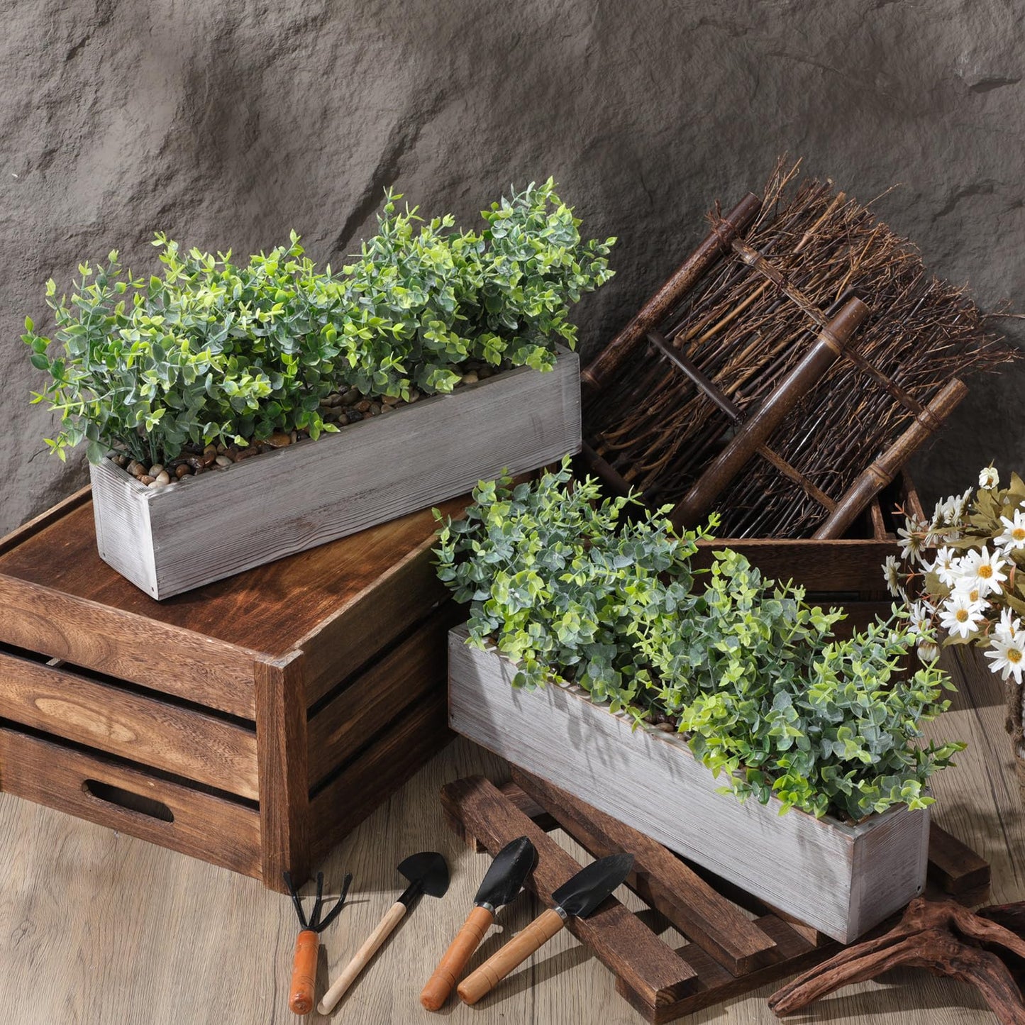 Lyrow 2 Pack Artificial Eucalyptus Plant in Rustic Rectangular Wooden Planter Box Greenery Faux Potted Herb Plant for Indoor Wedding Table Centerpiece(Green,16.1 x 3.7 x 8.7 Inches,Classic Style)