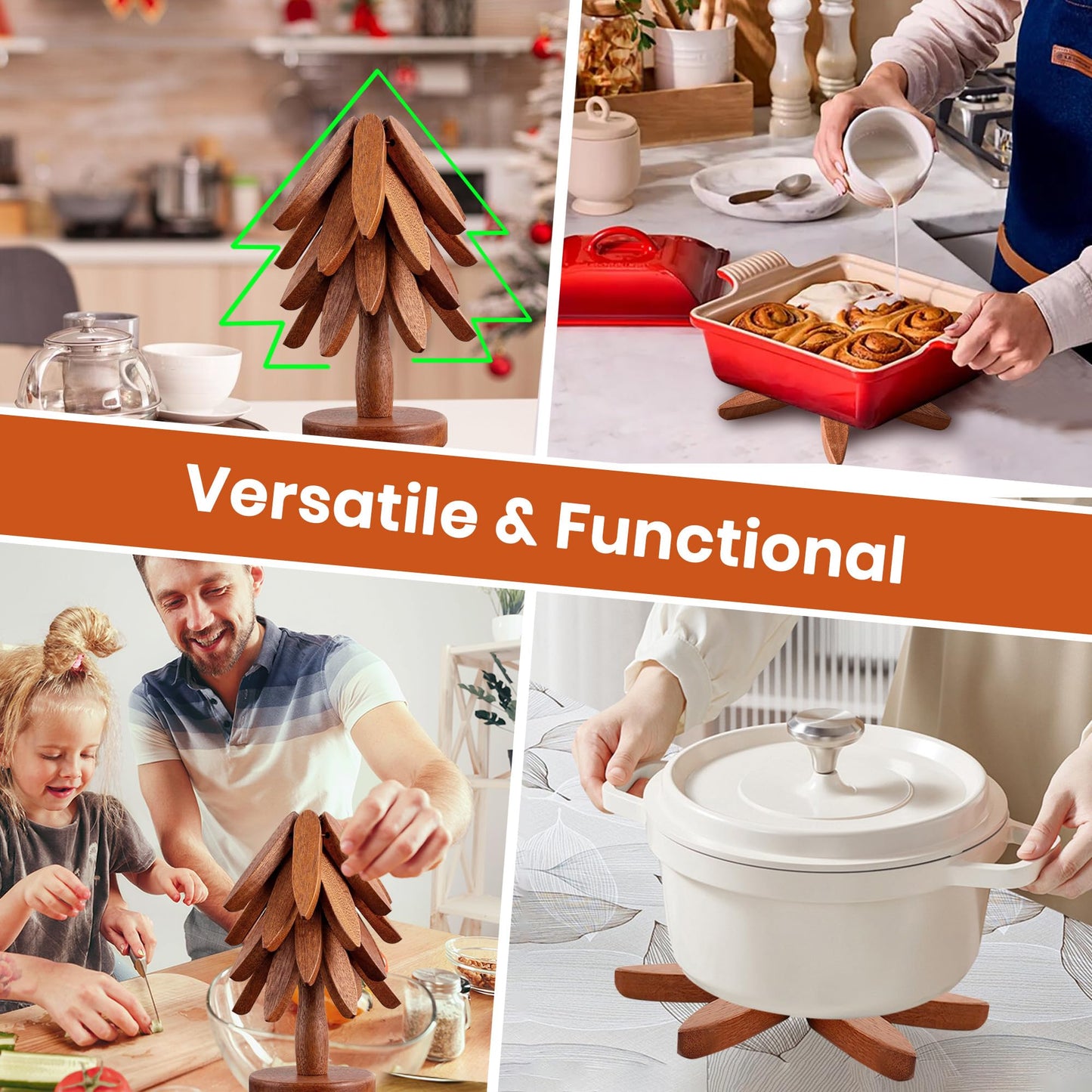 5Pcs Wooden Trivets for Hot Dishes - Heat Resistant Hot Pads for Kitchen, Tree Shaped Wood Trivet Set of 5 with Stand, Walnut Wooden Kitchen Accessories for Pots and Bowls (Walnut Wood 5)