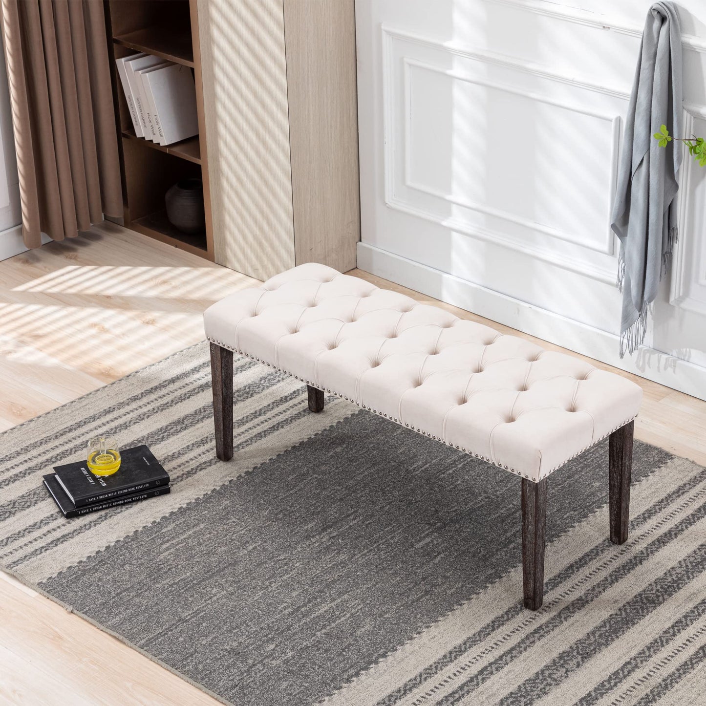 Aursrenty Velvet Upholstered Tufted Bench with Rubber Wooden Legs, Velvet Cushion, 45.28" L Accent Footrest Stool for Living Room, Entryway, Dining Room, Bedroom Beige