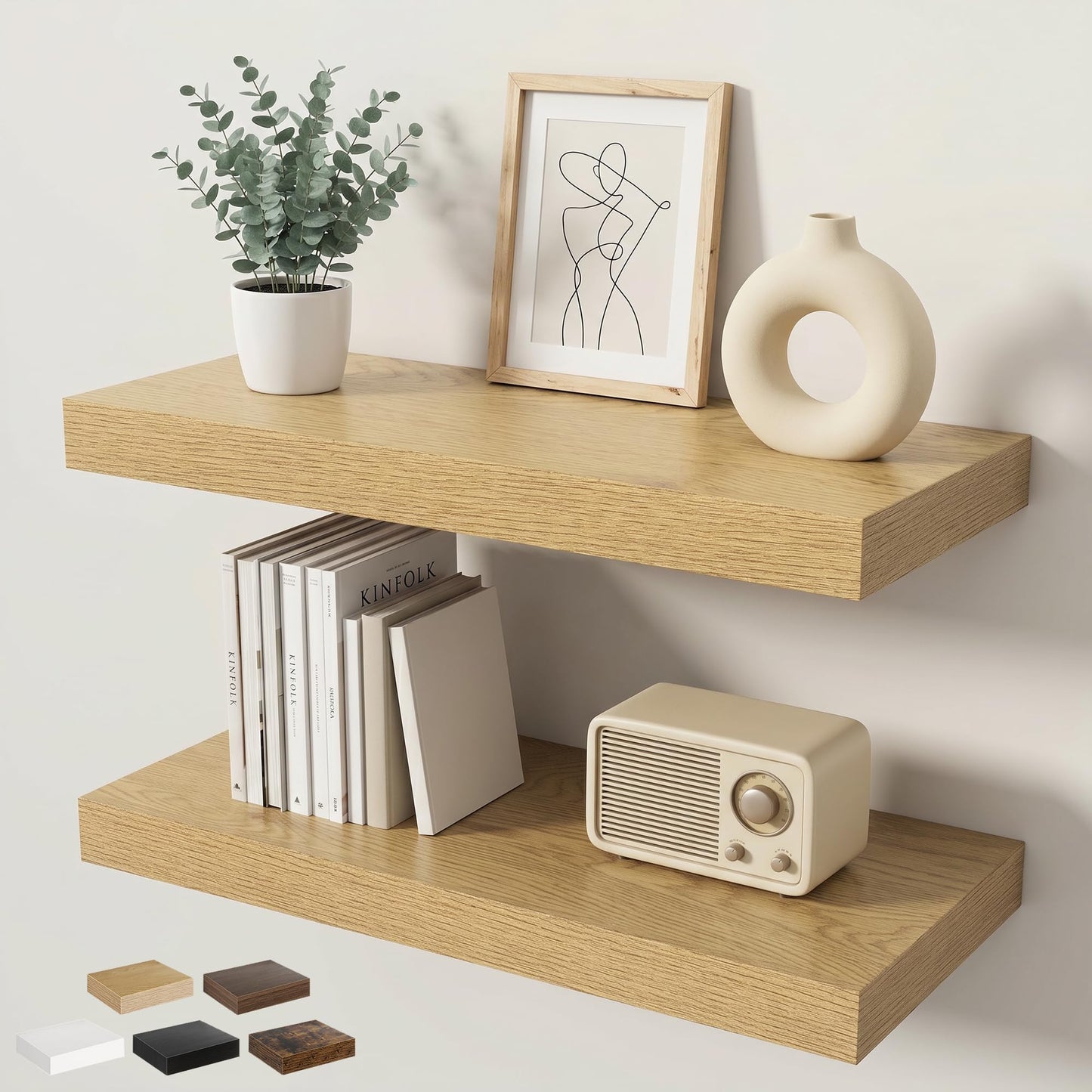 KovaScape Floating Shelves for Wall 24 in x 9.3 in Deep, Wall Mounted Rustic Wood Shelf with Invisible Brackets for Storage & Display, Living Room Bedroom Bathroom, Oak, 2 Pack
