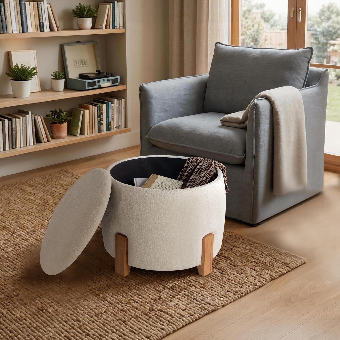 Get Set Style 22 inch Round Ottoman with Wooden Legs, Storage Vanity Stool for Makeup, Upholstered Footrest Stool,Coffee Table for Living Room, Bedroom