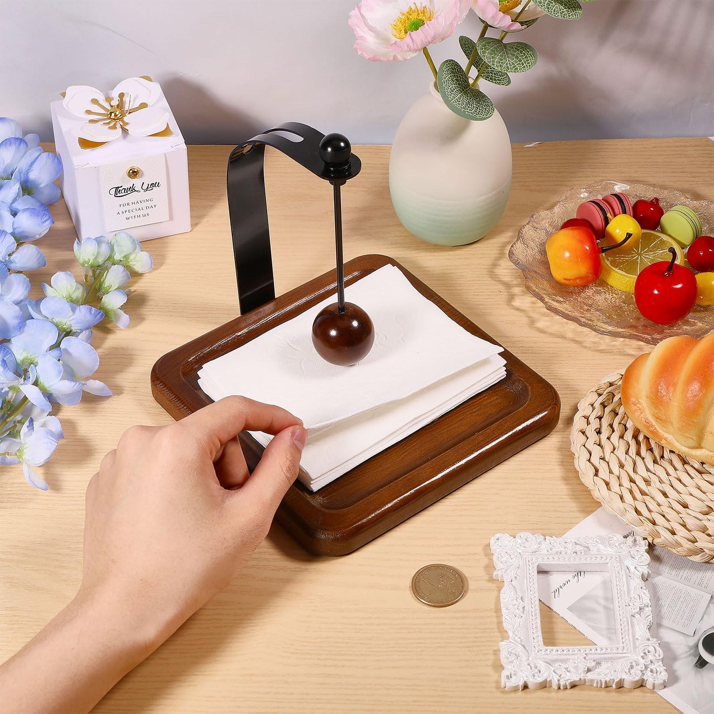 GLOBLELAND Wood Napkin Holder for Table 5.6"x5.6" Napkin Dispenser with Metal Weighted Arm Wooden Ball Square Cocktail Paper Holder for Kitchen Office Restaurant Cafe Home Decor