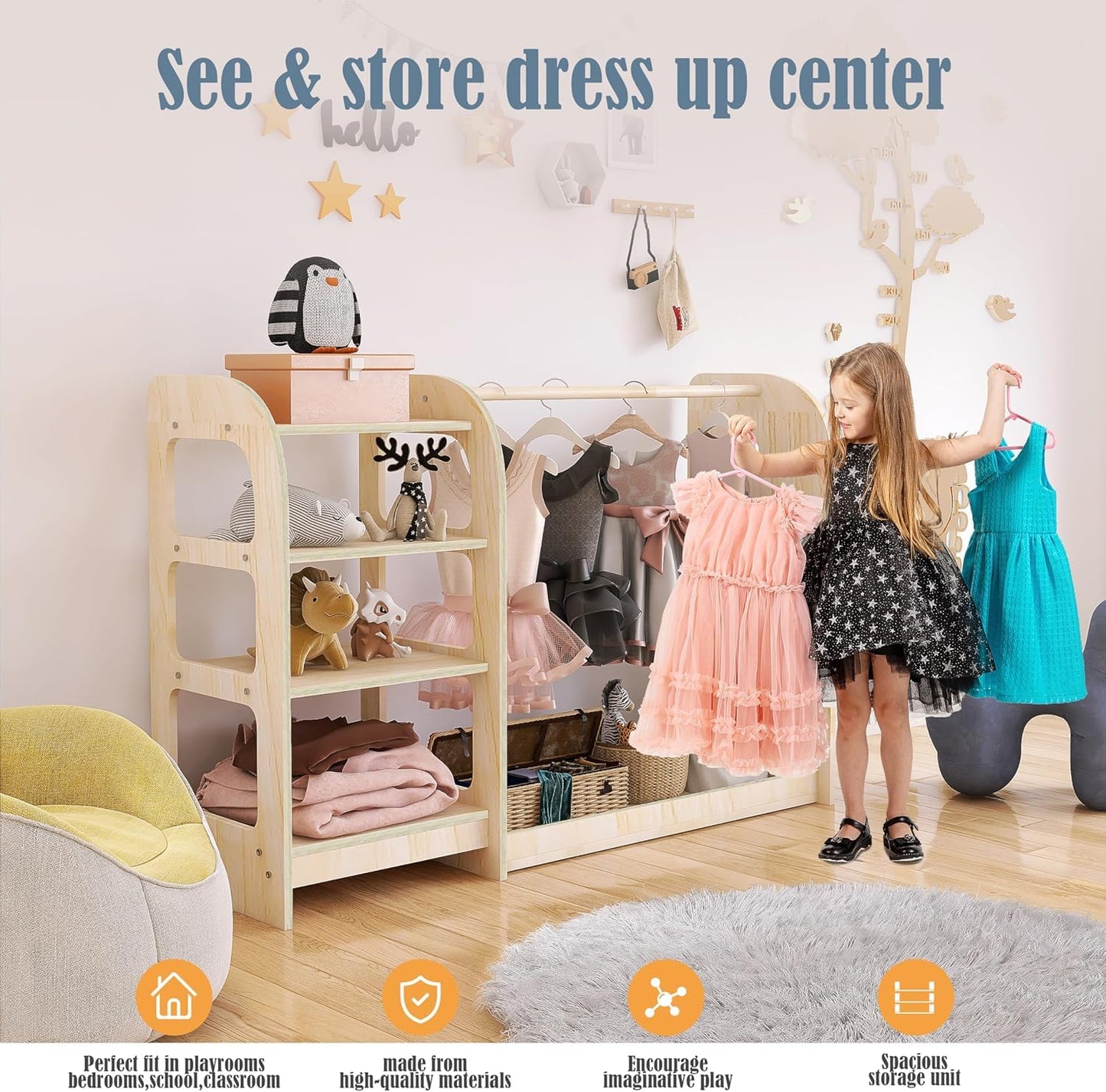 Qifeila Kids Dress Up Storage with Mirror, Wooden Kids Dress Up Rack for Little Girls and Boys, Kid Wardrobe Closet with Storage Shelf