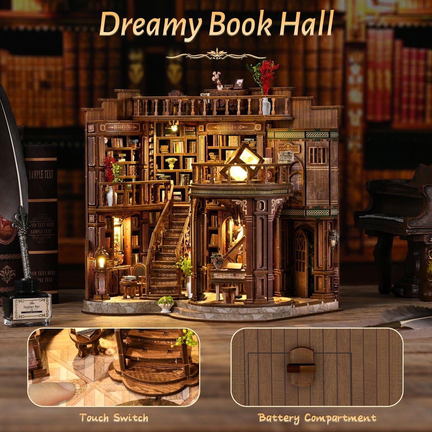 Book Nook Kit, DIY Miniature House with LED for Bookshelf Decor, Dreamy Book Hall 3D Wooden Puzzle Bookend, Relaxing DIY Craft for Adults & Teens (14+), 888PCS, Gift for Friends & Family