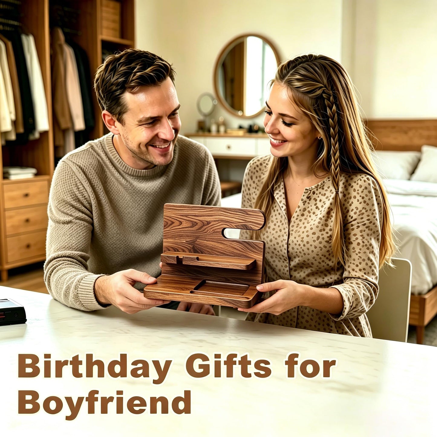 Iswabard Gifts for Men Wood Phone Docking Station Birthday Gift for Men Valentines Day Gifts Father Gift for Him Boyfriend Nightstand Organizer Desktop Phone Stand
