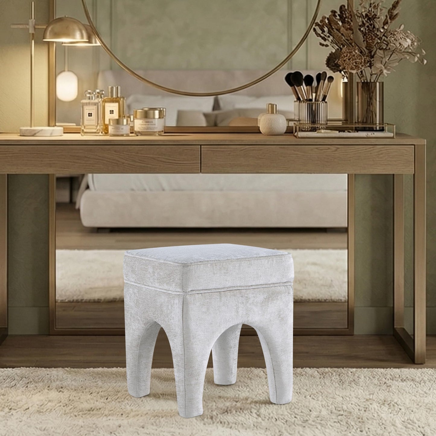 Get Set Style Upholstered Textured Woven Accent Stool, Arched Solid Wood Leg Ottoman Foot Rest, Square Decorative Bench for Living Room Entryway Bedroom (Ivory)