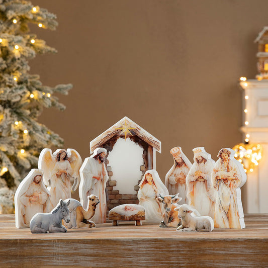 Glitzhome Nativity Scene Set Indoor 8.5",13 Pieces Wooden & Epoxy Resin Nativity Sets & Figures Tabletop Scenes, Nativity Figurines Set for Christmas Indoor Decor with Arch Christian Holy Family