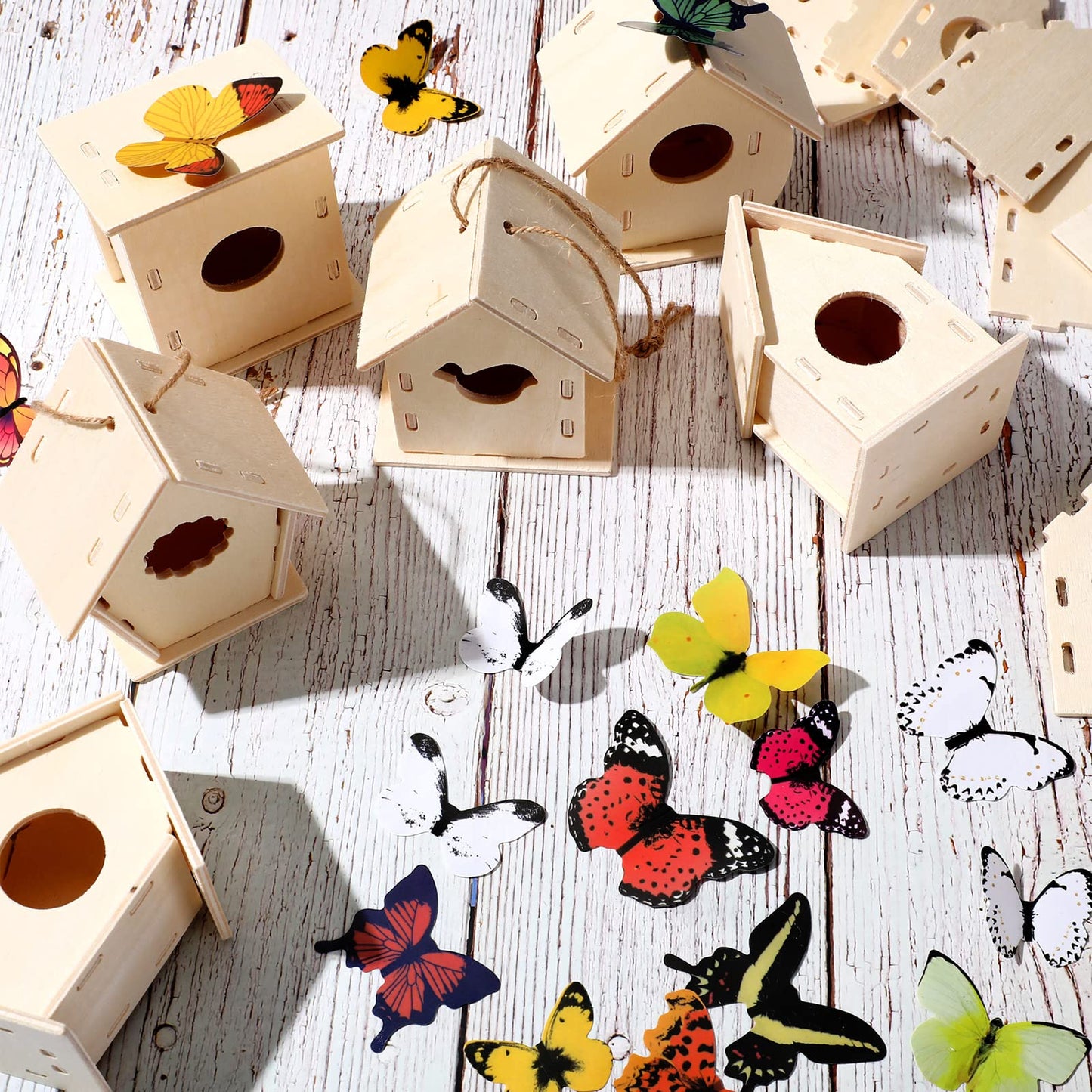 Sawysine 107 Pcs DIY Birdhouse Kits for Kids Ages 5-8 8-12, 48 Wooden Bird House Kits in 6 Shapes and 57 Butterfly Sticker for Children Summer Craft Art Activity, DIY Project(107,Multiple Entrance)
