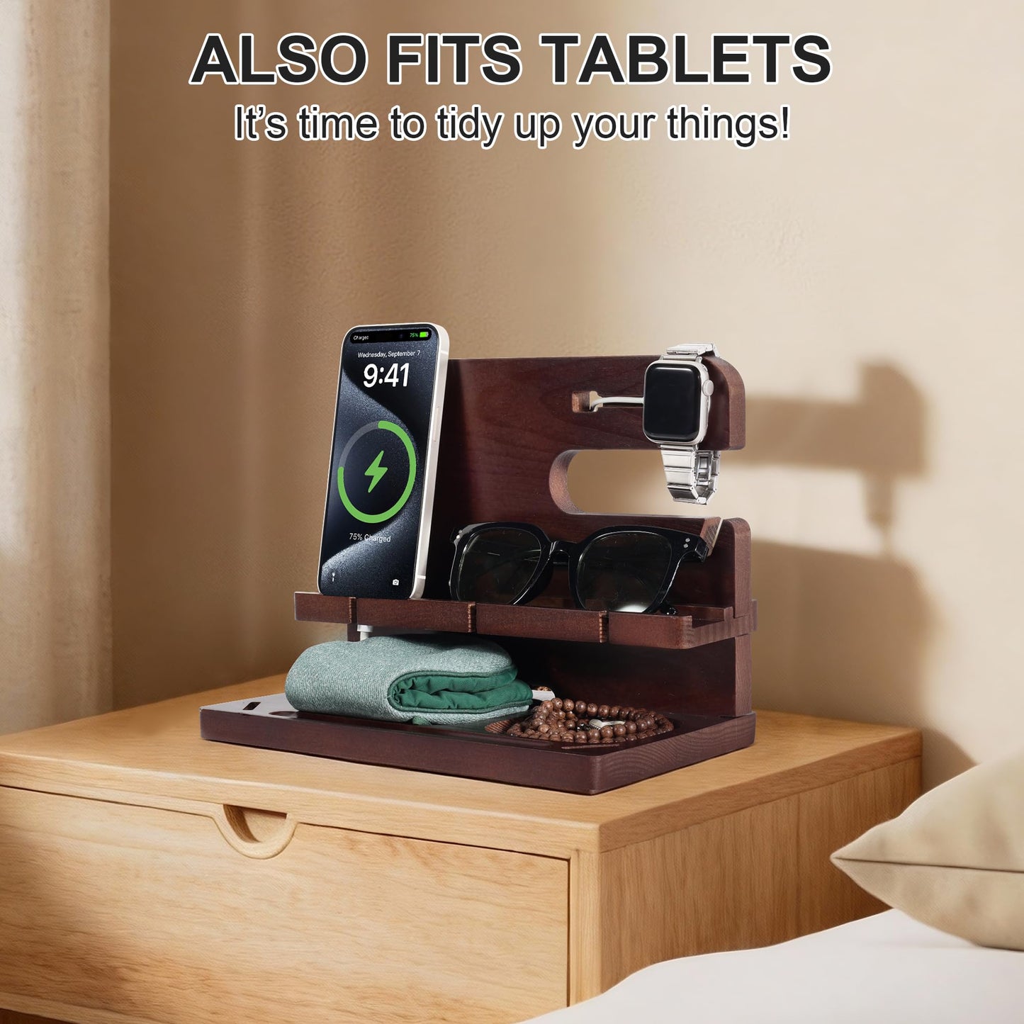 Oraich Wooden Phone Docking Station for Men, Nightstand & Desktop Organizer, Charging Stand for Phone, Watch, Wallet, ipad, Keys & Essentials