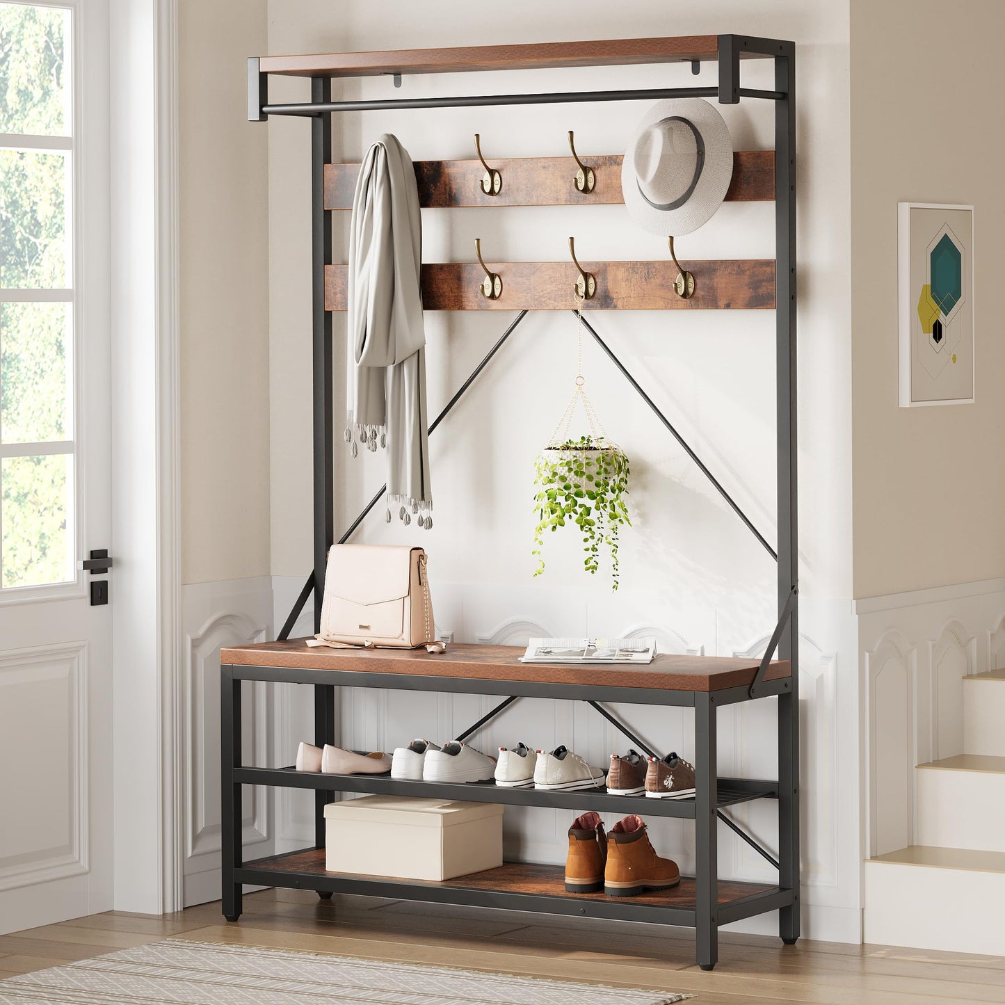 Tedyle 72" Industrial Hall Tree Entryway Bench, Wooden Coat Rack Shoe Bench with Shoe Rack & Storage Shelf, 8 Hooks & Hanging Bar, Entryway Organizer for Foyer, Mudroom, Rustic Brown