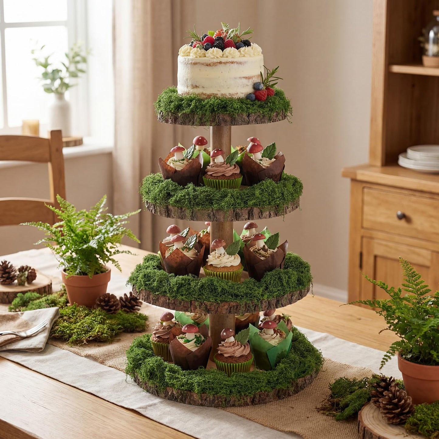 Wenqik 4 Tier Wooden Cupcake Stand Rustic 17 Inch Natural Wood Display Tower Stand with 7 oz Fake Green Faux Moss for Woodland Baby Shower Wedding Birthday Party Decor Garden Dessert Table Centerpiece