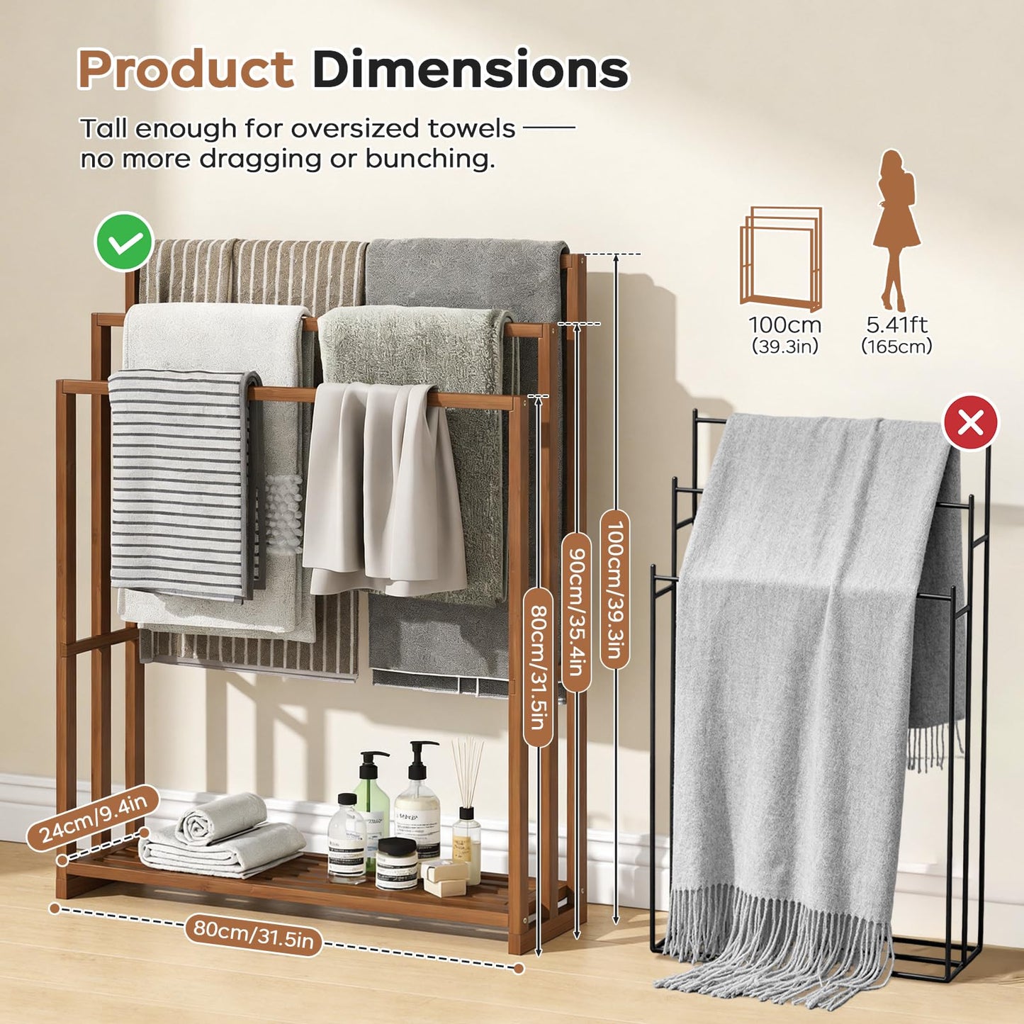 oakvivo 39.3'' Tall Freestanding Towel Rack, 3 Tier Blanket Racks with Shelf, Bamboo Towel Drying Rack for Laundry Bathroom Hand Towels Blanket Holder (Walnut)