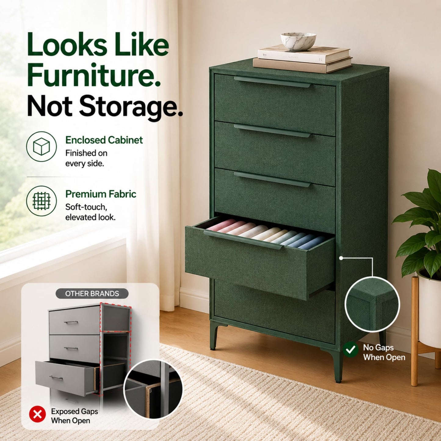 tinge Naima Premium Fabric Dresser - Strong Metal Frame, 5 Spacious Sag-Proof Drawers with Sleek Metal Handles - Premium & Durable Storage Solution for Your Home (Green)