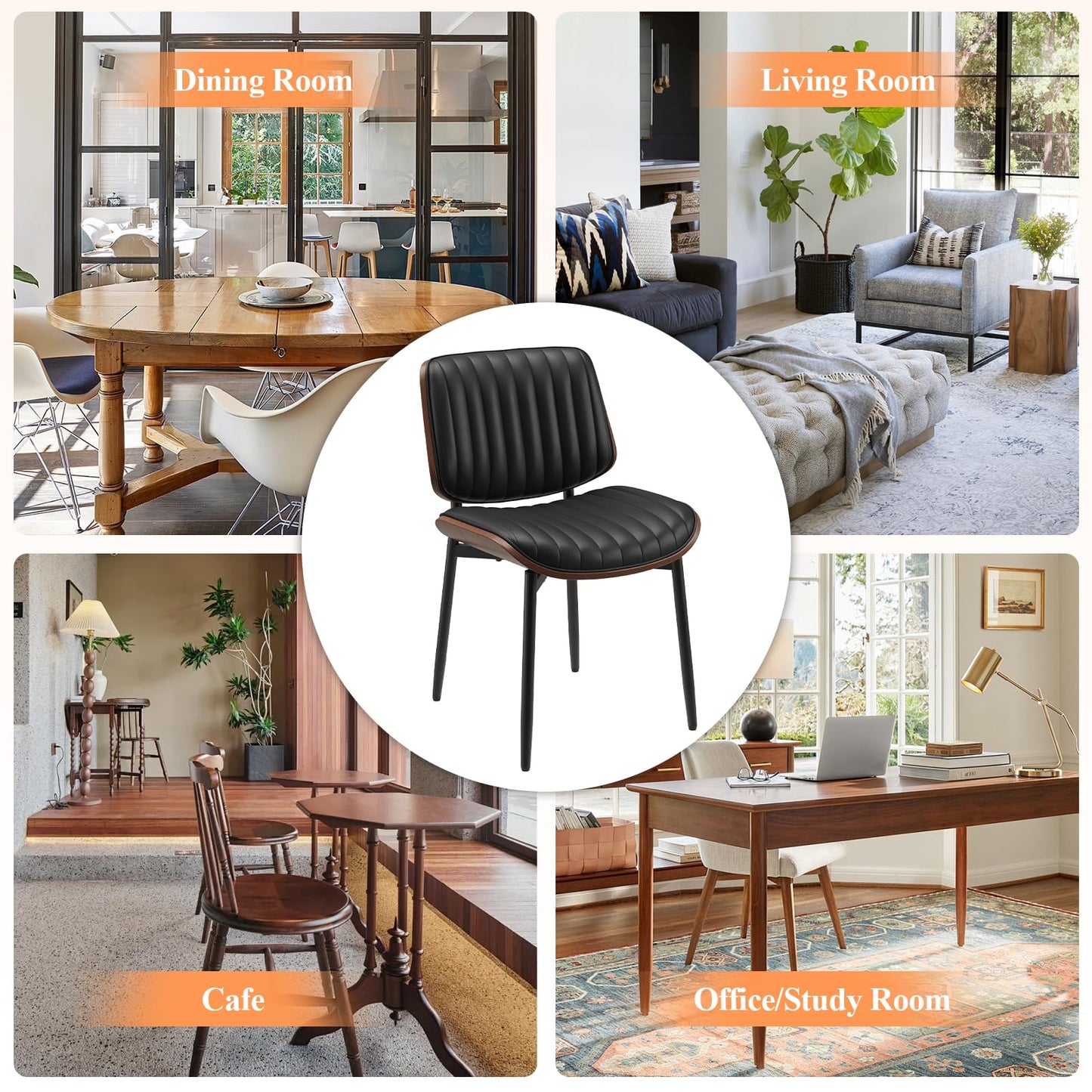 MALOL Leather Dining Chairs Set of 6, Modern Upholstered Dining Room Kitchen Chairs with Metal Legs and Wooden Back Support for Home Dining Room/Restaurant, Black