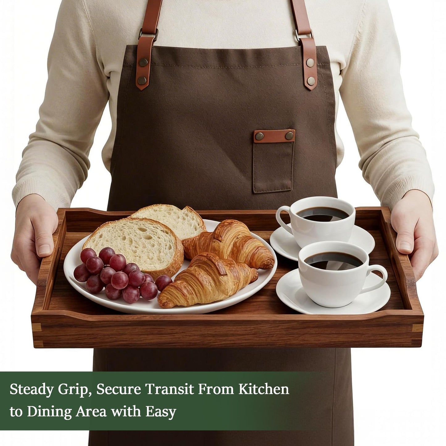 Plusinthebox Acacia Wood Serving Tray with Handles, Rectangular Wooden Ottoman Tray for Coffee Table, Breakfast in Bed, Drinks, Kitchen Countertop and Home Decor