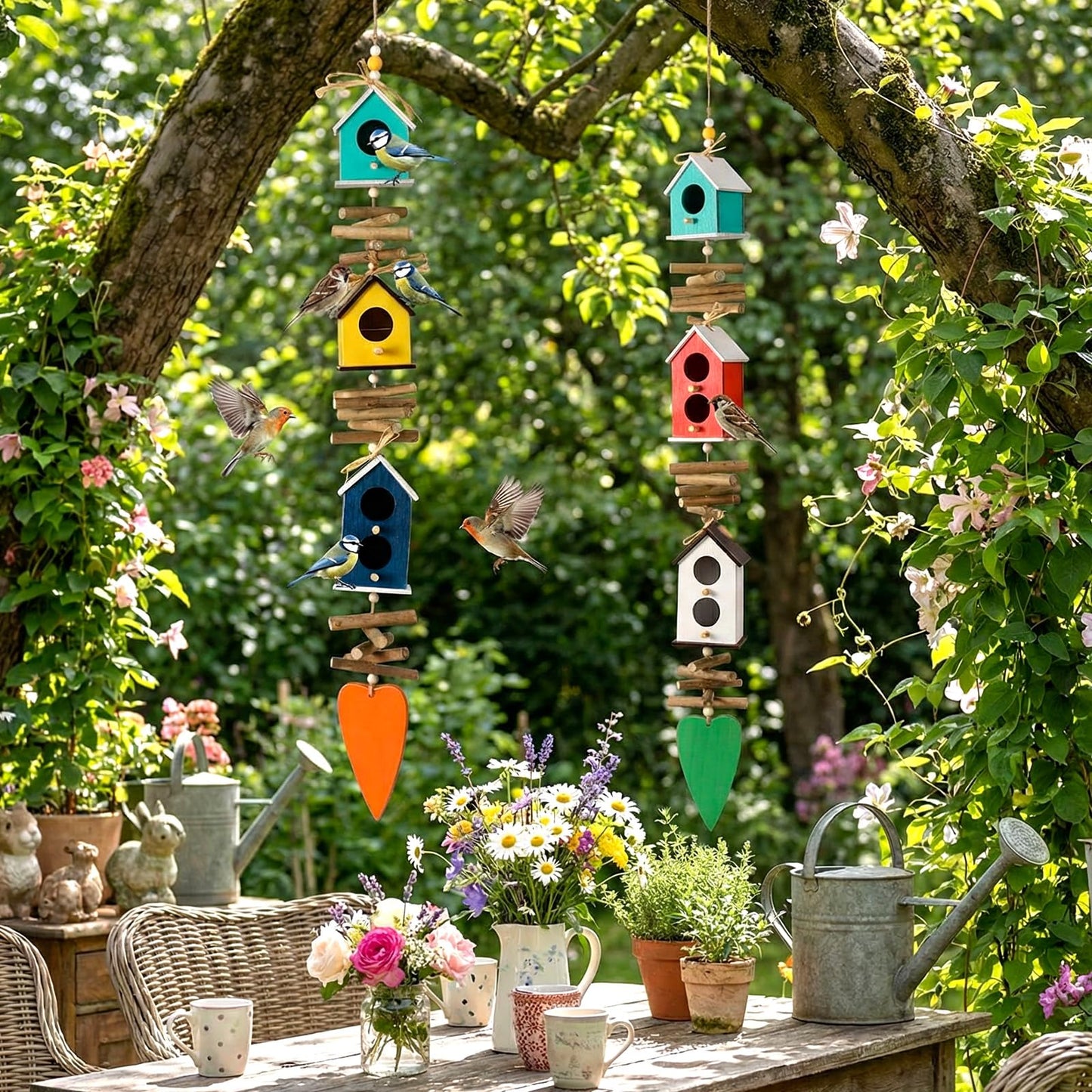 2 Pack Birdhouse Bird Feeders for Outdoor, Colourful Hanging Wooden Bird Feeder Outside Garden Yard Farmhouse Birds Feeders for Country Yard Garden Decoration for Cardinals Finches Chickadees