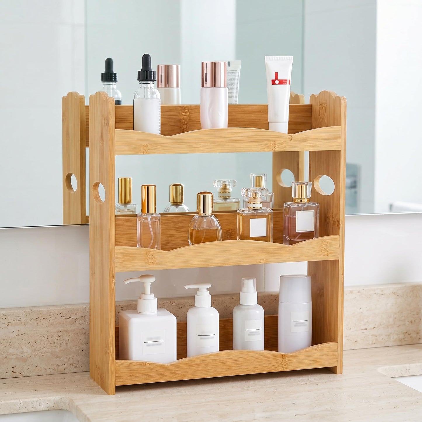 Jucoan 3-Tier Bamboo Spice Rack for Countertop, Wall Mounted Spice Holder Rack Seasoning Bottles Jar Organizer Shelf, Bathroom Organizer Rack, Spice Rack Only, Jars No Included, No Assembly Required