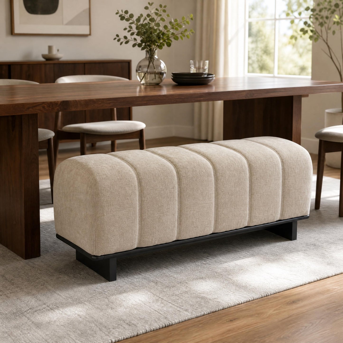 Christopher Knight Home Lamie 49.13" Chenille Upholstered Dining Bench, Wooden Entryway Bench, Long Sofa Footstool for Living Room, Bedroom End of Bed Bench, Oatmeal+Black