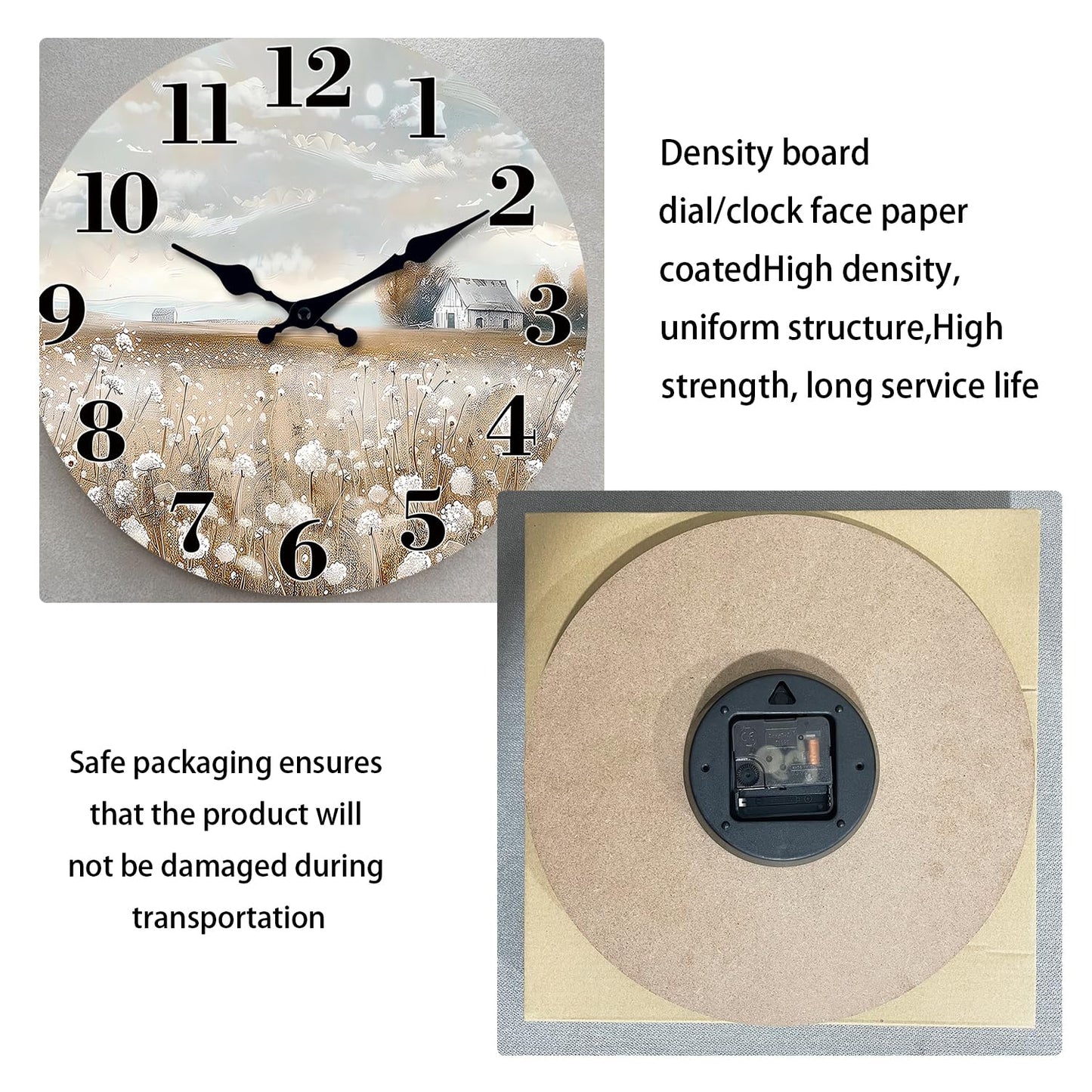 XFM Farmhouse Wall Clock for Living Room Decor 16 Inch Battery Operated Silent Non-Ticking Wooden Wall Clocks Rustic Country Flower Field Decorative Clock