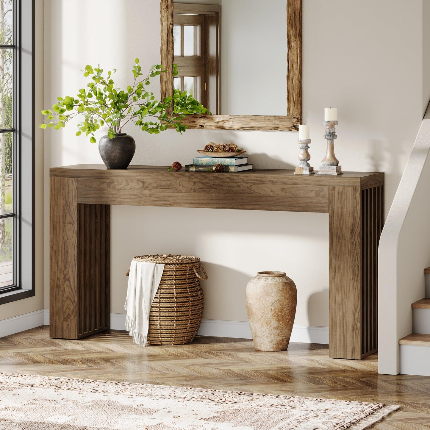 Tribesigns 59-Inch Long Wooden Console Sofa Table Behind The Couch with Vertical Slat Legs for Entrance, Hallway, Entryway, Living Room (Rustic Brown)