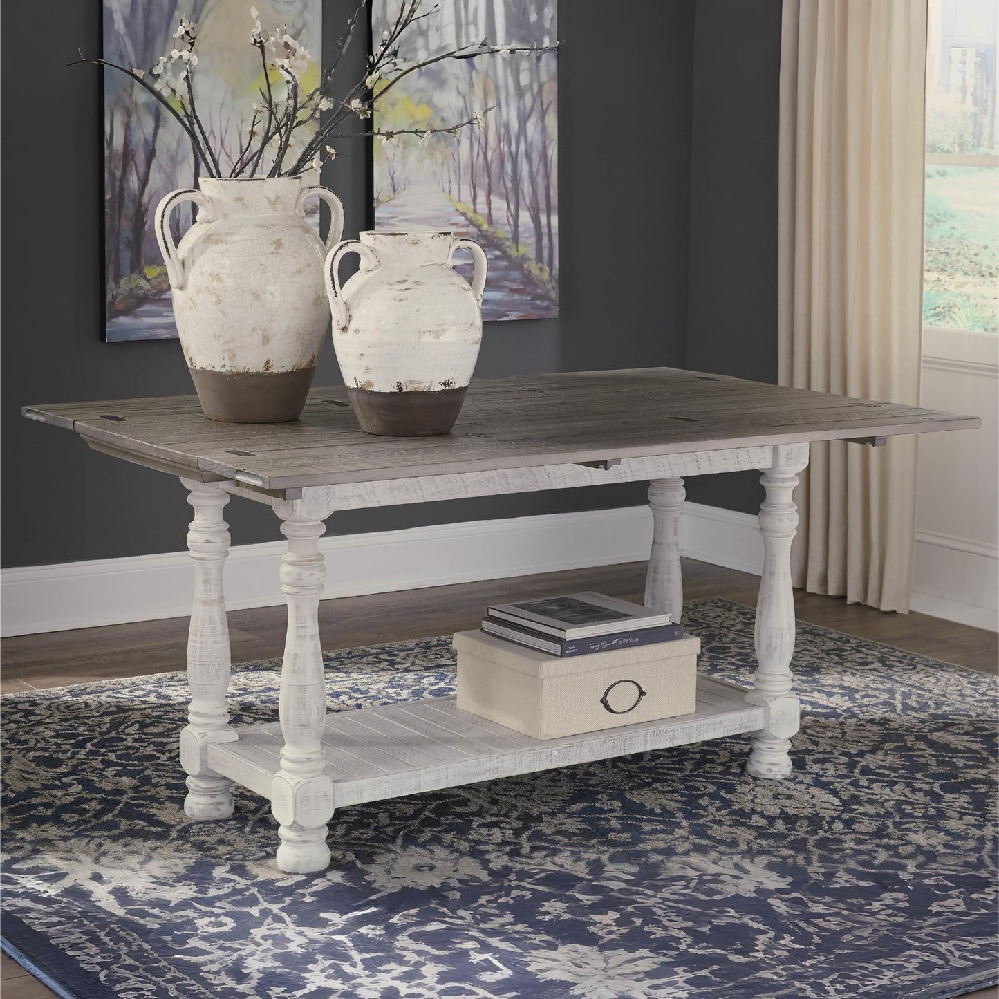 Signature Design by Ashley Havalance Farmhouse Sofa Table, Flip Top Design for Additional Dining Space and Fixed Lower Shelf, Gray & White with Weathered Finish