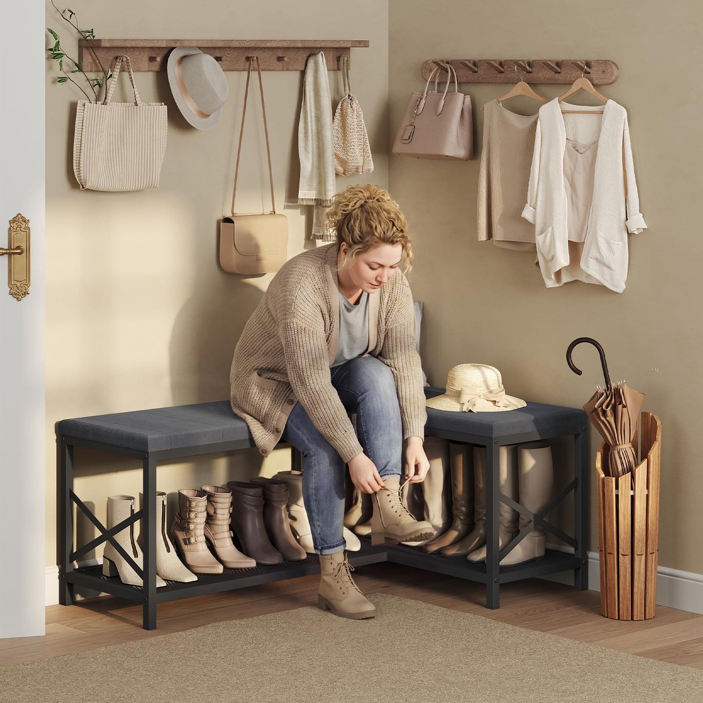 YATINEY 9-Tier Tall Shoe Rack and L-Shaped Shoe Bench with Cushion, 59.1" Entryway Shoe Storage Bench SS02BK-HX12BG