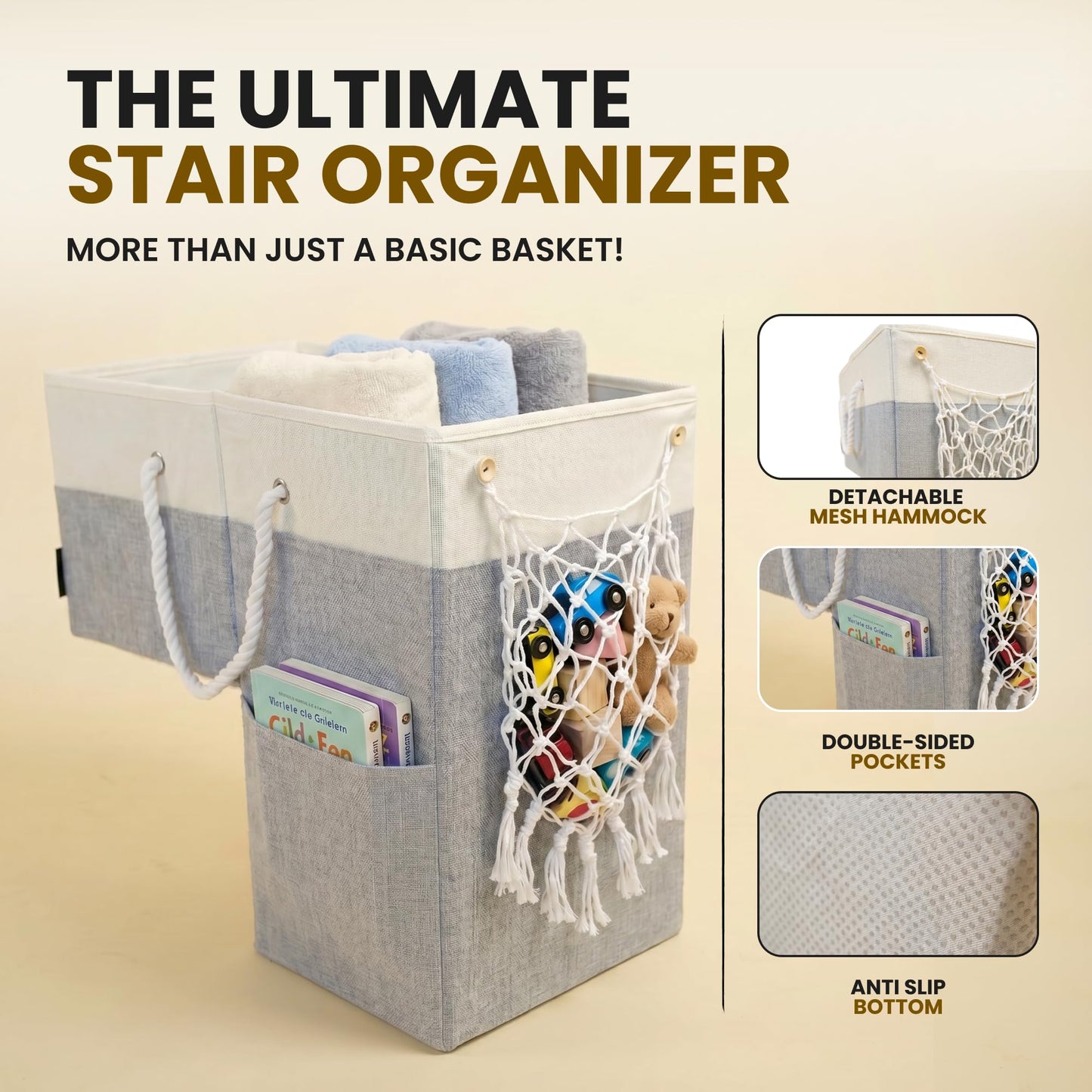 DONAQ Stair Basket with Hammock for Carpeted & Wooden Stairs – Staircase Basket Organizer for Laundry, Toys, Books, Blankets & Household Storage - Large Stairstep Basket Bin with Cotton Handle