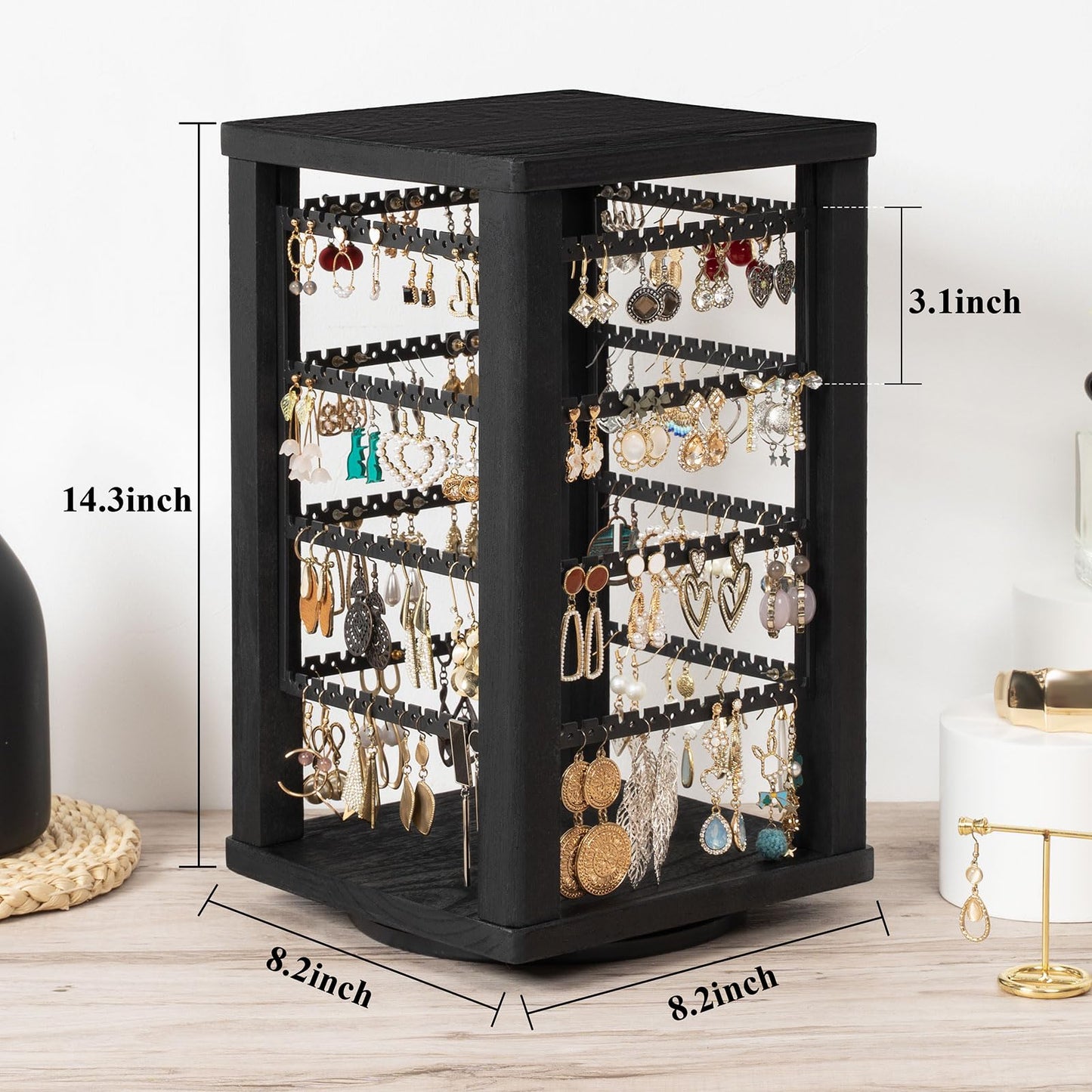 Emfogo 360 Earring Holder Organizer, Rustic Wood Earring Stand, Rotating Wooden Display, 4 Tiers Earring Organizer Stand for Stud Earrings, Hoop Earrings & Necklaces, Women Gifts