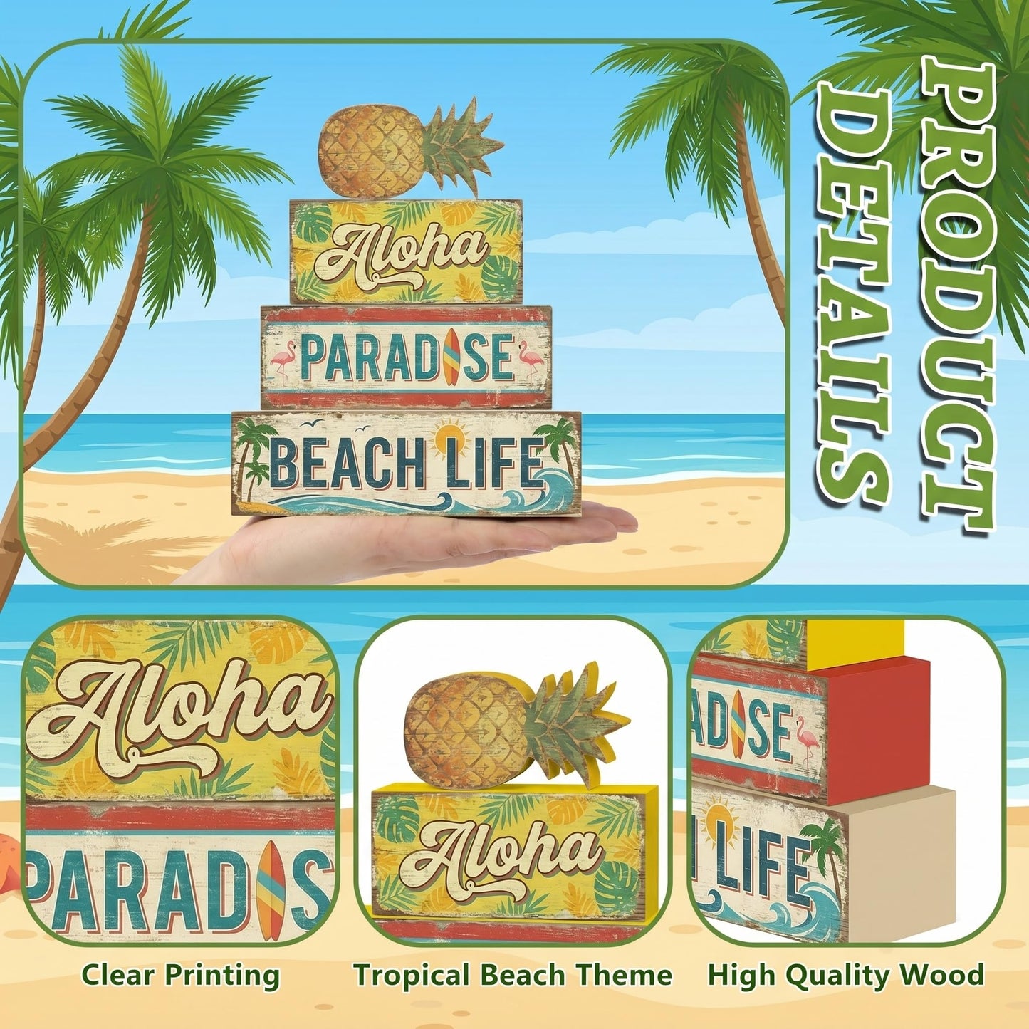 4 Pcs Tropical Pineapple Party Decorations Summer Hawaiian Luau Table Wooden Signs Summer Beach Tiered Tray Decor Fruit Home Bar Shelf Sitter Aloha Paradise Tiki Table Top Gifts
