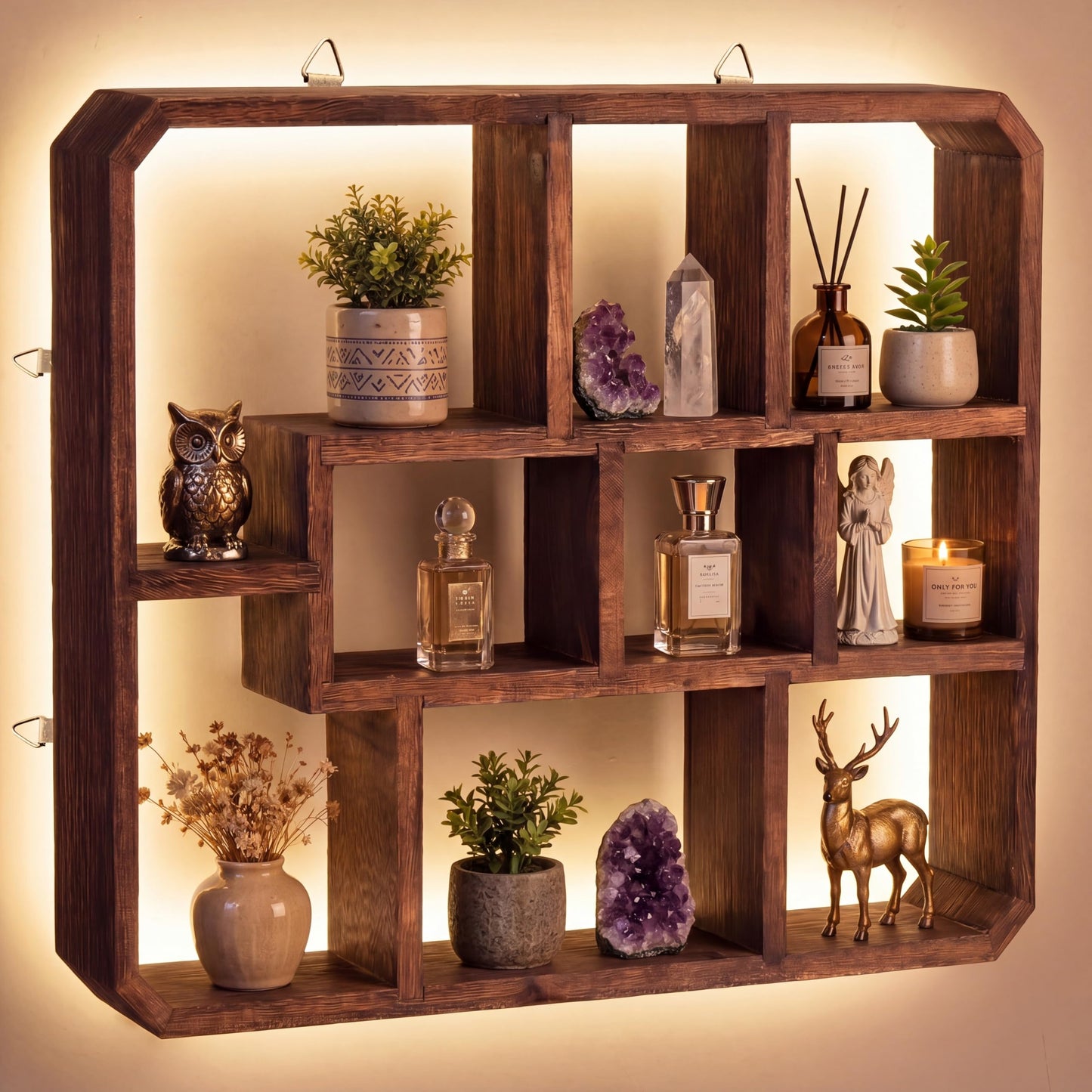 Pinkunn LED Rustic Shadow Box Display Shelf with Lights, 9 Compartments Wood Hanging Display Floating Shelves, Multi-Slot Wall Mounted or Freestanding Farmhouse Decor Displays Case for Collectibles