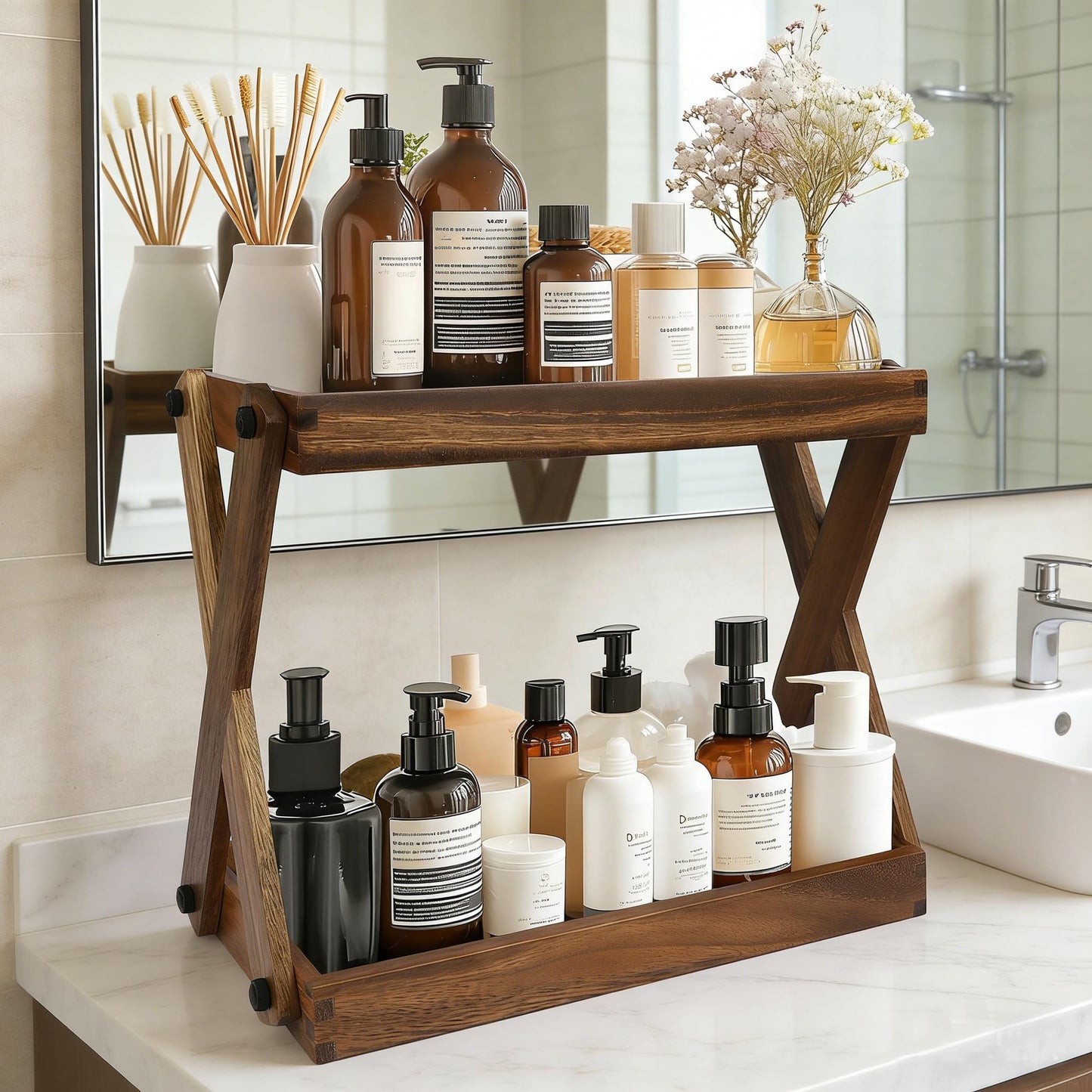 ZOVANO Wood Countertop Organizer, 2 Tier Wooden Shelf for Coffee Bar Accessories, Kitchen Spice Rack Organizer, Condiment Storage Caddy for Home, Office, Bathroom