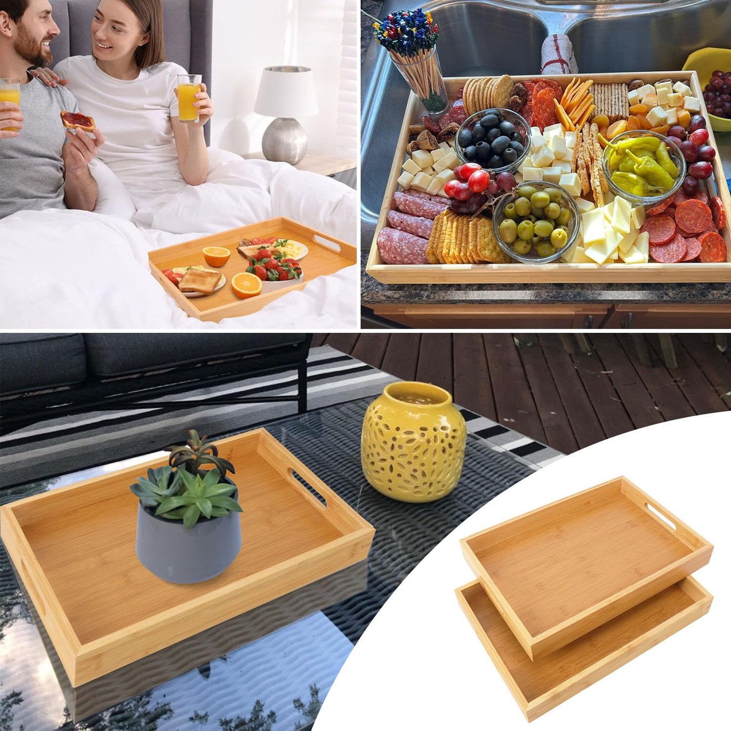 Geytetqi 3 Pack Large Bamboo Serving Tray with Handles, 14 x 10 inch Wooden Dinner Tray, Home Kitchen Breakfast Trays for Living Room Bedroom Kitchen Dinner Table, Picnic