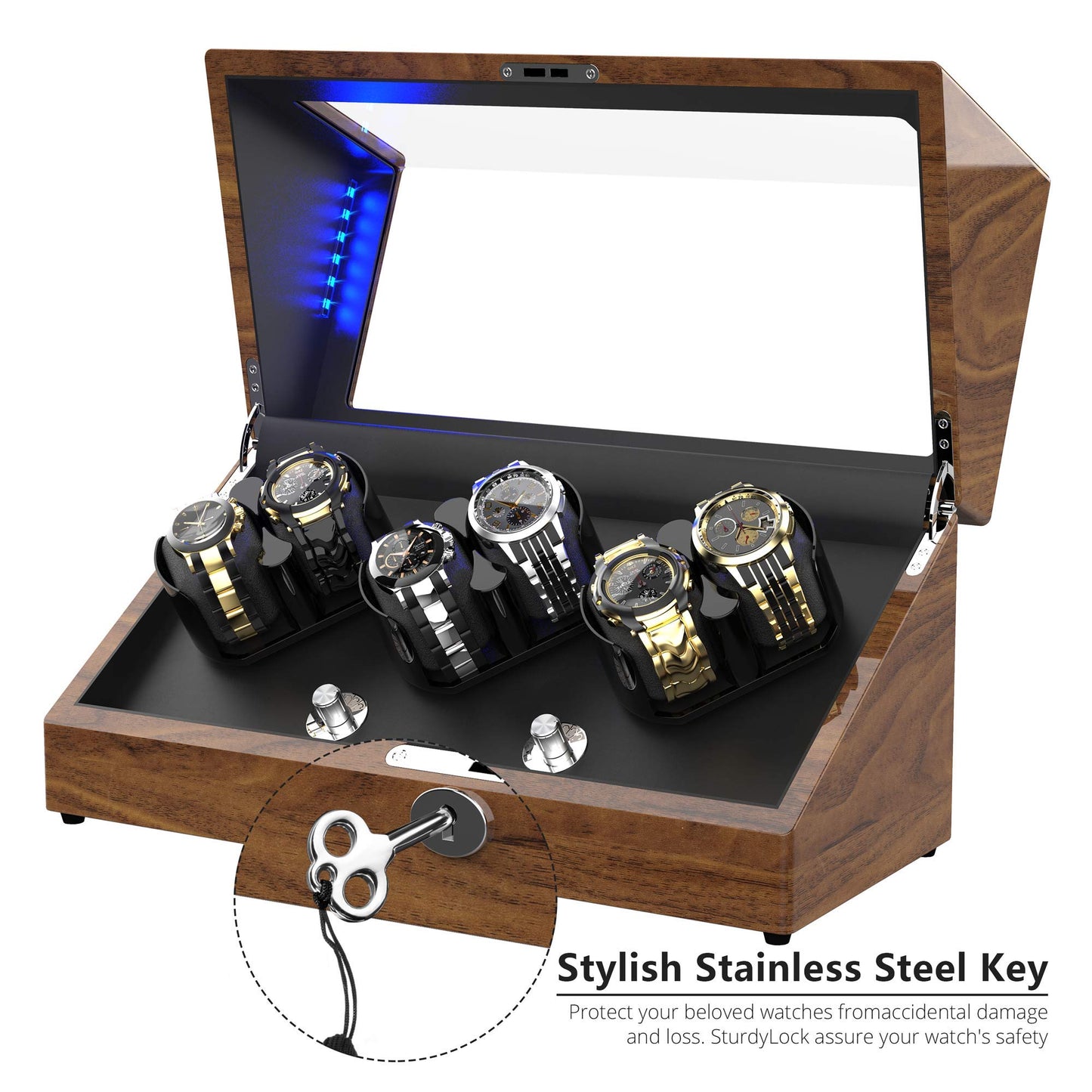 TRIPLE TREE Watch Winder, for Rolex Automatic Watches with Soft and Flexible Watch Pillows, Wooden Shell, Powered by Japanese Motor, with Built-in Blue LED Illuminated