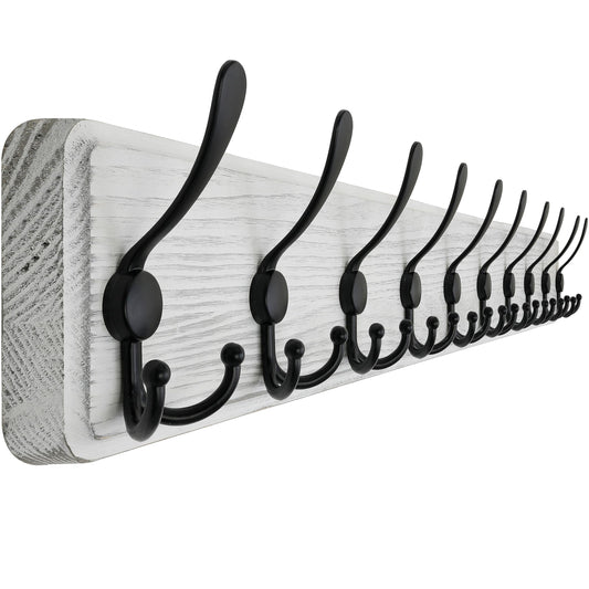 SKOLOO Coat Rack Wall Mounted - 38.3'' Long, Wooden, Heavy Duty, Rustic Coat Hooks for Wall, Wall Coat Rack with 10 Triple Hooks for Hanging Clothes, Jacket, Hat(Weathered White)