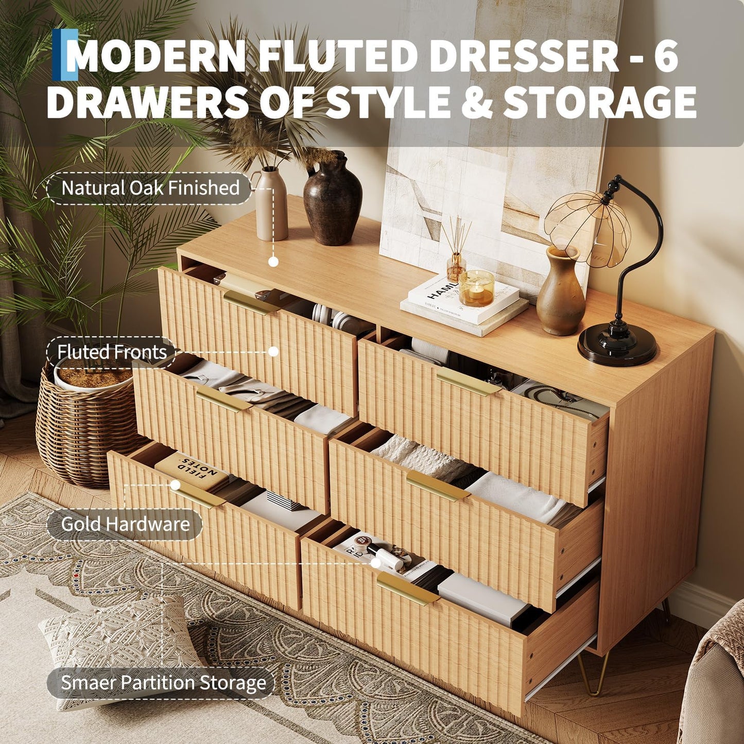 GarveeHome Fluted Dresser for Bedroom with 6 Drawers,47" Wide Modern Chest of Wooden Bedroom Chest with Metal Handle,Clothes Storage Organizer,Dresser & TV Stand for Living Room,Hallway