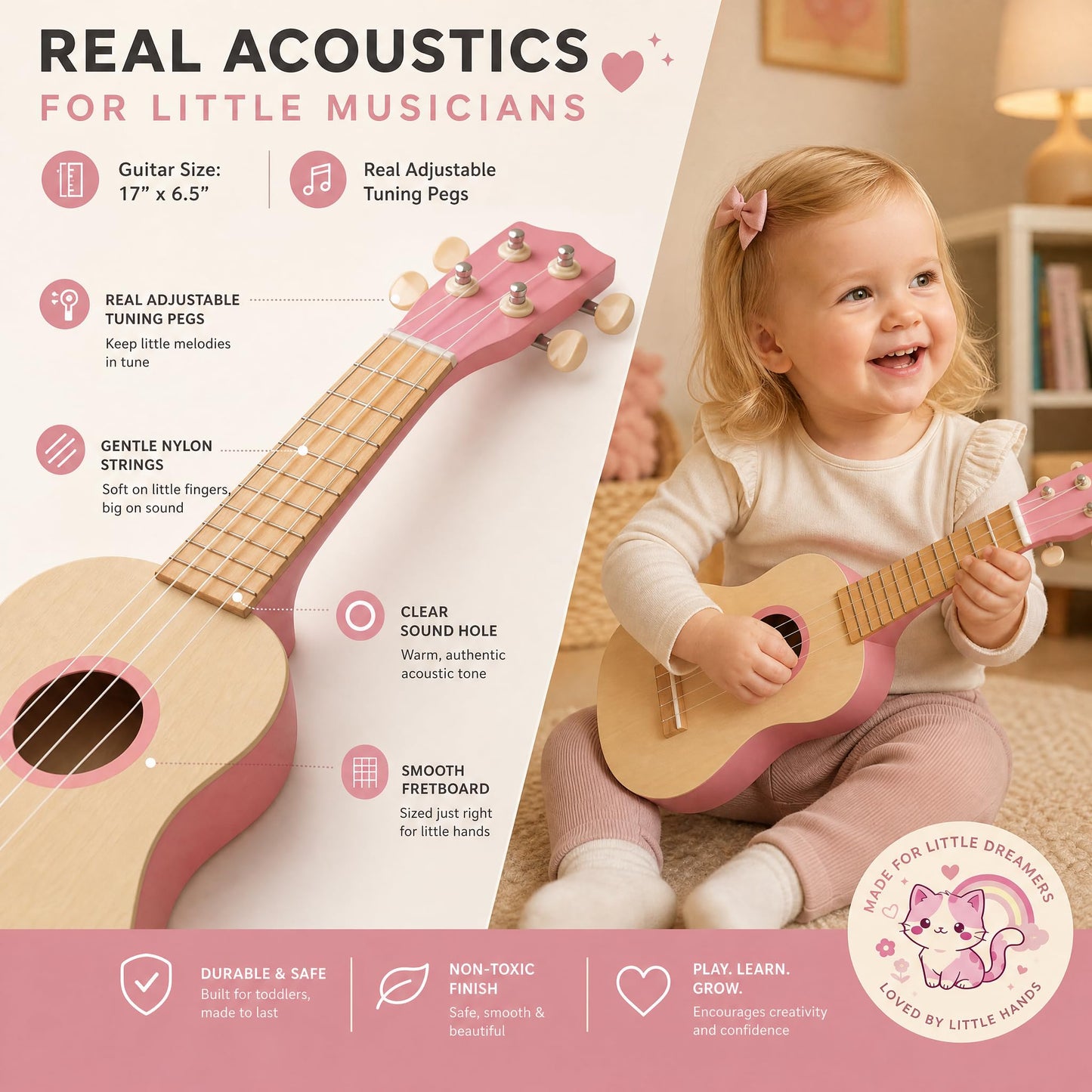 Soundo Kids Musical Instruments Set - 7P Toddler Ukulele for 2+ Year Old Boys Girls, Birthday Gifts for Kids 2 - 5, Christmas Wooden Toys, Party Kit with Ukulele, Maracas, Tambourine (Pink)