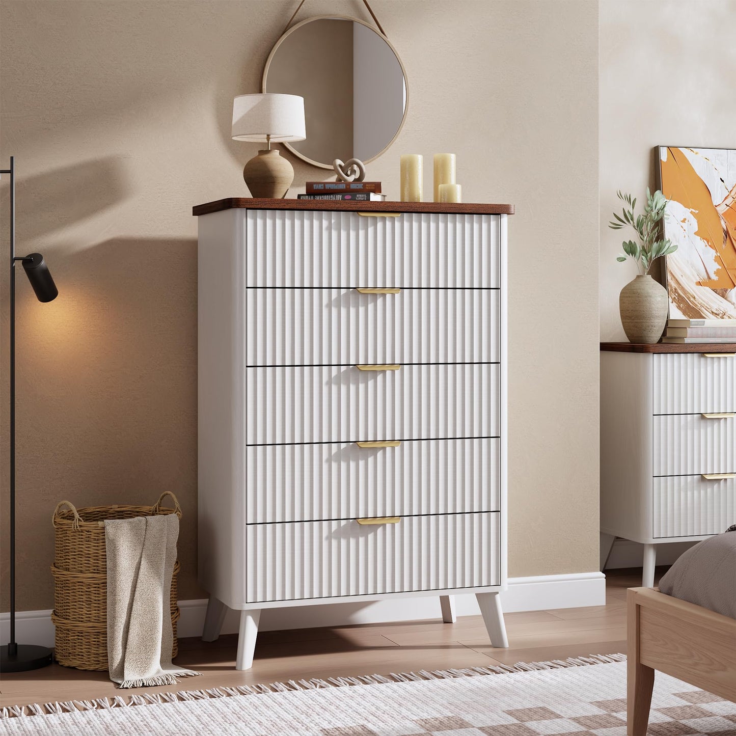 GarveeHome Fluted Dresser for Bedroom with 5 Deep Drawers, 47.2" Tall Chest of Drawers, Curved Profile Design, Modern Wooden Dresser, for Living Room, Kids Room, Hallway, White