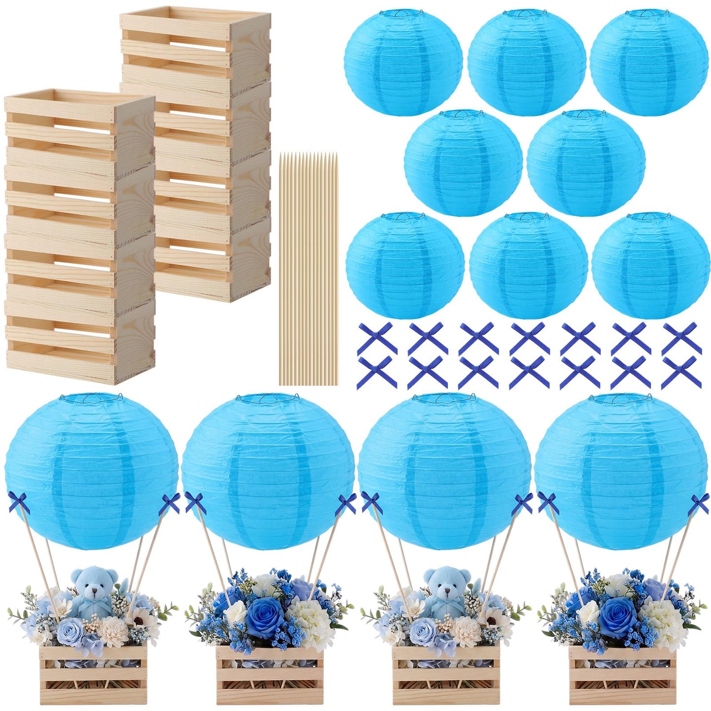 Gerrii 8 Sets Blue Hot Air Balloon Table Centerpieces, 8" Paper Lanterns with Wooden Crates Bamboo Sticks and Bows, DIY Hot Air Balloon Decor for Bridal Shower Wedding Bachelorette Birthday Party