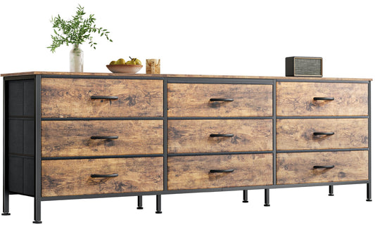 Huuger 63 Inch Dresser for Bedroom, Dresser for Closet with 9 Fabric Drawers, Large TV Stand for 55, 65, 70 Inch TV, Entertainment Center with Storage, Wide Long Chest of Drawers, Rustic Brown
