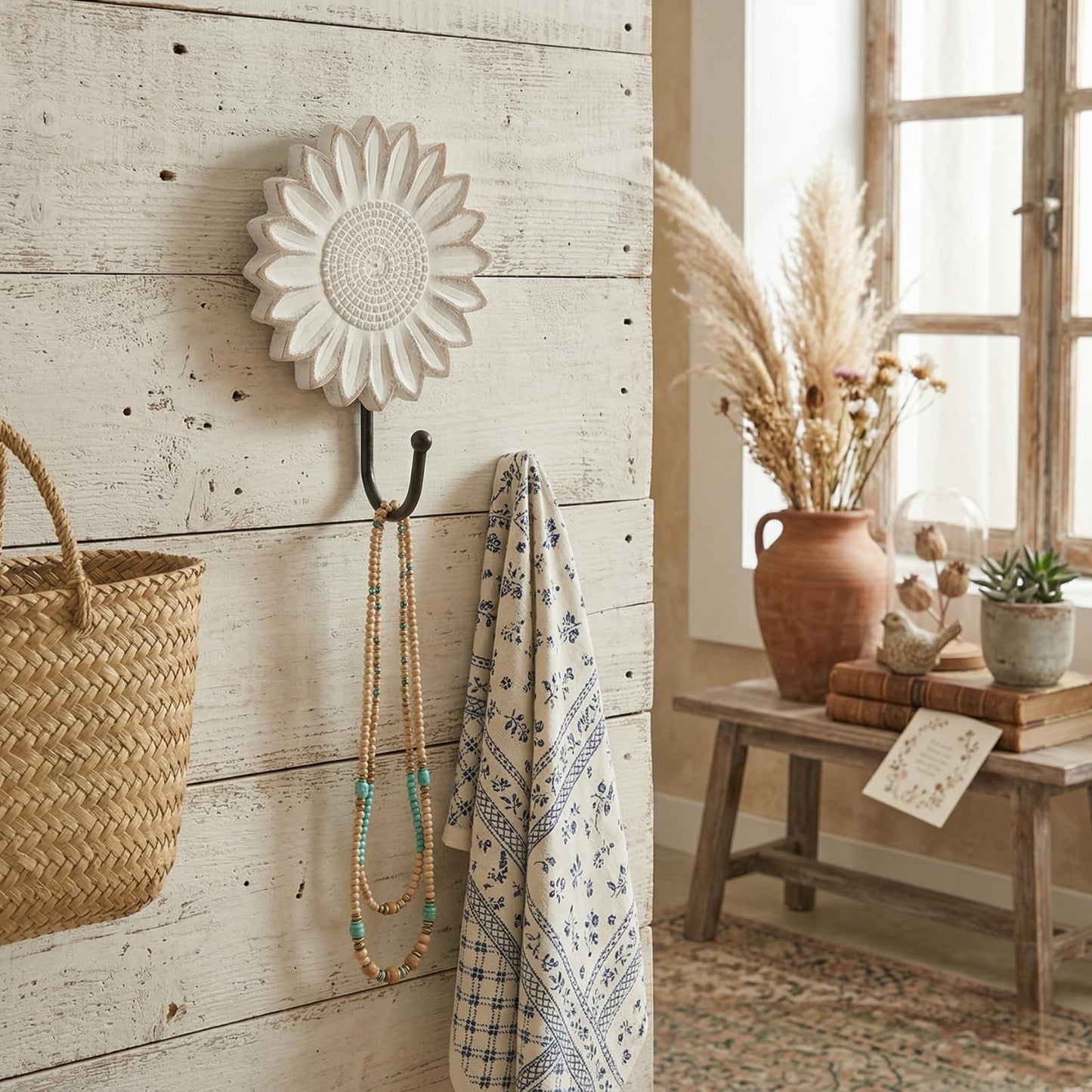 TRENDIN Rustic Wooden Sunflower Wall Hooks Set of 2, Distressed White Decorative Wall Hooks for Coats, Hats, Bags, and Keys, Farmhouse Floral Home Decor for Entryway, Bedroom or Living Room