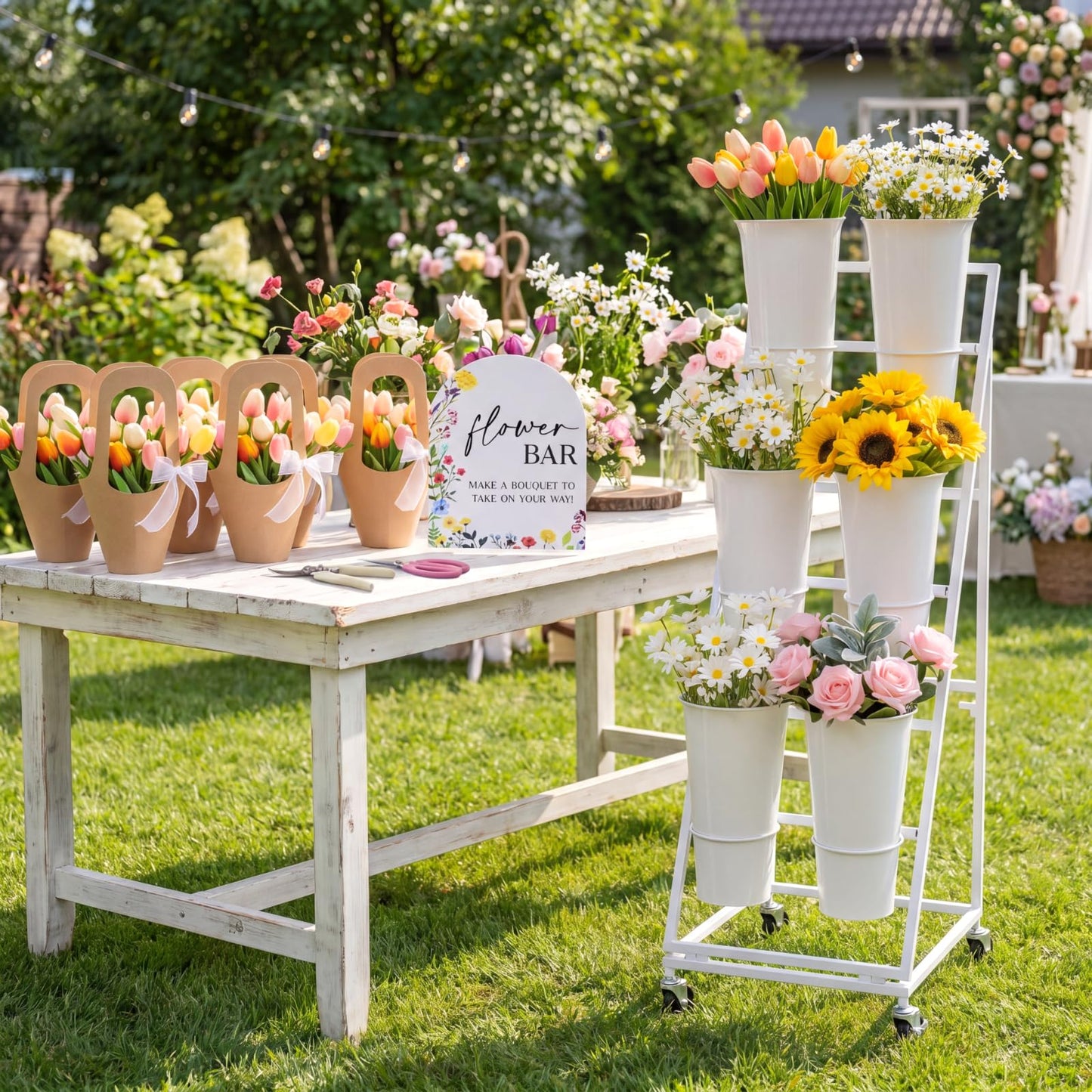 Ninehaoou 43 Pcs Flower Bar Buckets Kit Bloom Bar Supplies Flower Display Stand with 6 Bucket 1 Wood Sign 4 Scissors 30 Bouquet Wrapping Bags for Fresh off The Market Wedding Bridal Baby Shower(Small)