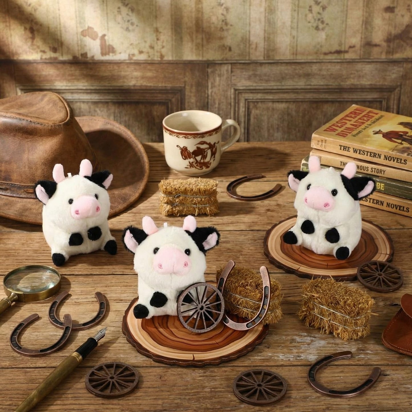 Tasdurian 6 set Western Themed Party Decorations Cowboy Table Centerpieces Cow Plush Hay Bales Lucky Horseshoe Wooden Wagon Wheel Decor for Crafts Western Cowboy Party Birthday Wedding Favors Supplies