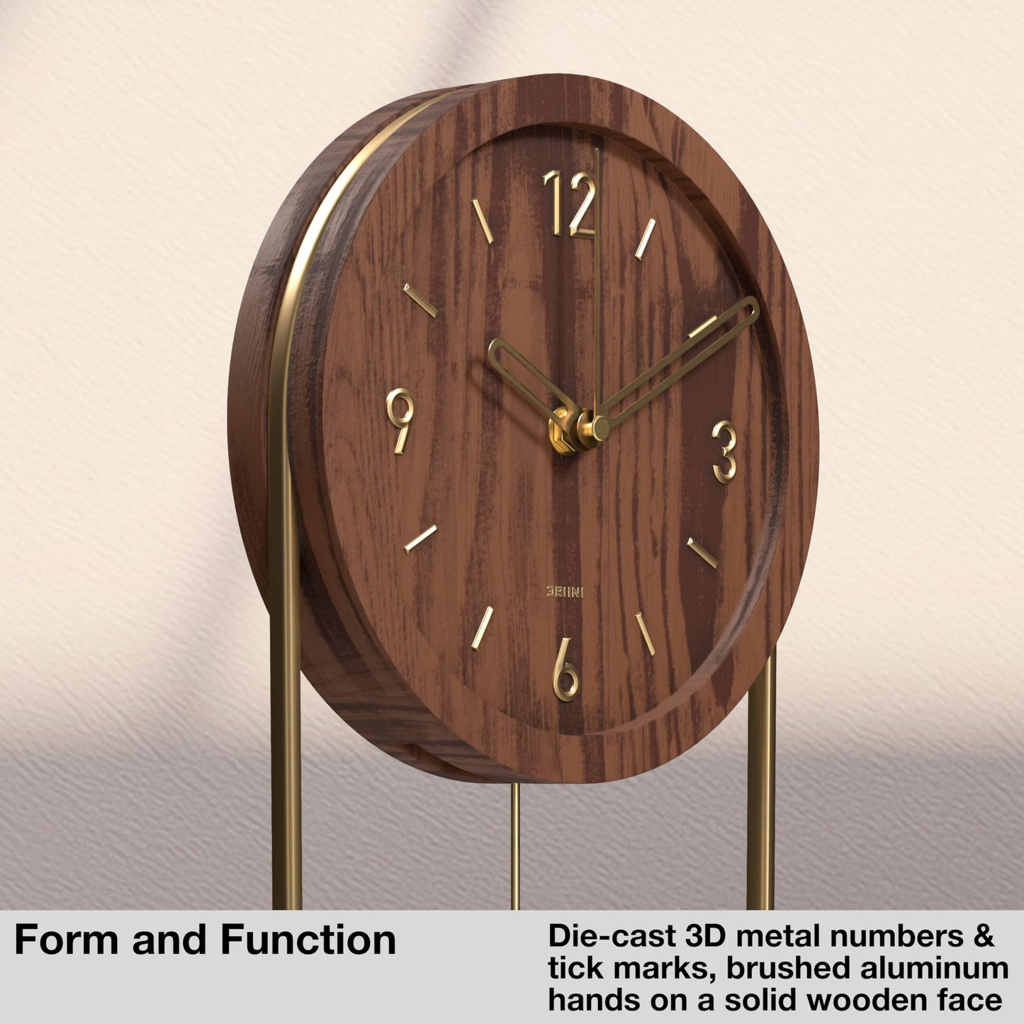 Driini Decorative Wall Clock with Pendulum (Walnut) – Modern Wood, 3D Gold Numbers, Metal Frame – Small, Unique Wall Clocks for Living Room Decor or Bathroom - Battery Operated, Silent, Non-Ticking
