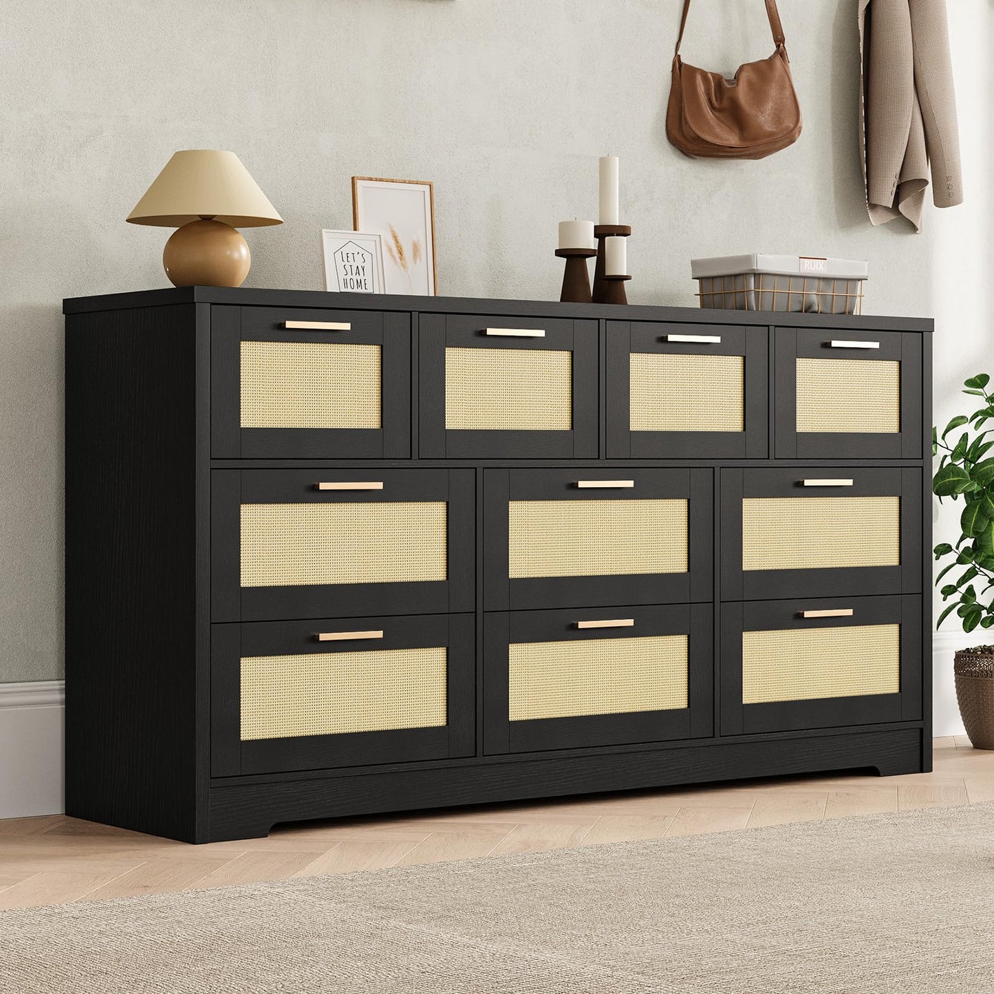 GarveeLife 10 Drawer Dresser for Bedroom, 59 in Farmhouse Rattan Dressers & Chests of Drawers, Wooden Storage Organizer with Anti-Tipping Device for Living Room, Hallway, Entryway, Black
