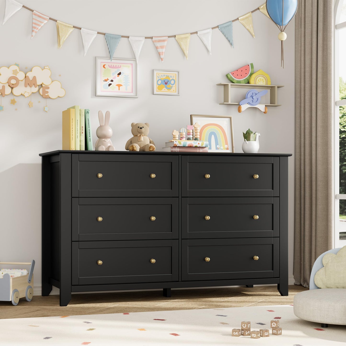 IDEALHOUSE Black 6 Drawer Dresser for Bedroom, 54" Wide Large Dresser with Deep Drawers & Metal Knobs, Modern Wooden Chests of Drawers for Entryway, Hallway