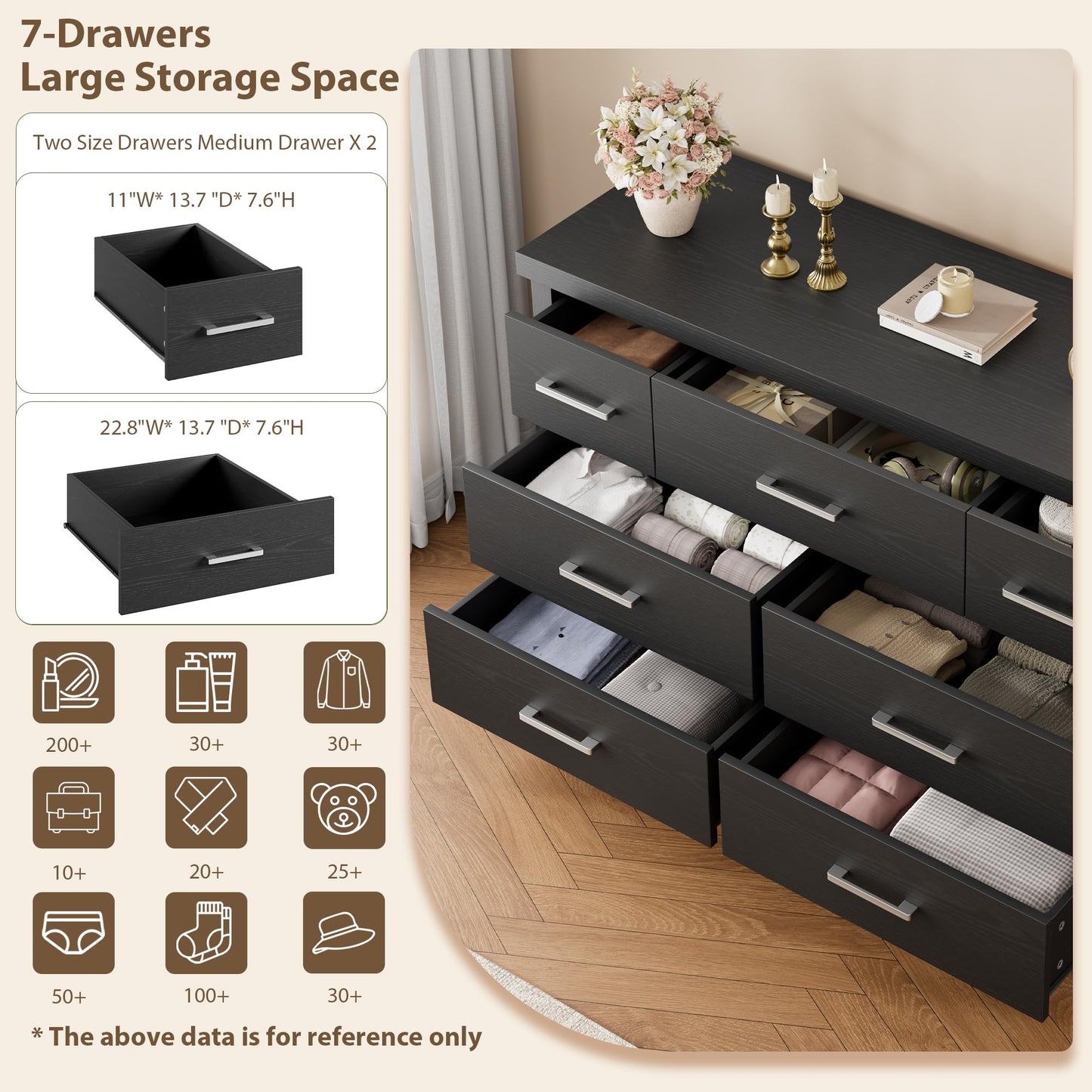 IDEALHOUSE Dresser for Bedroom with 7 Drawers, Black Storage Chest of Drawers with Metal Handle, Wooden Dresser Organizer for Living Room,Closet,Entryway,Nursery